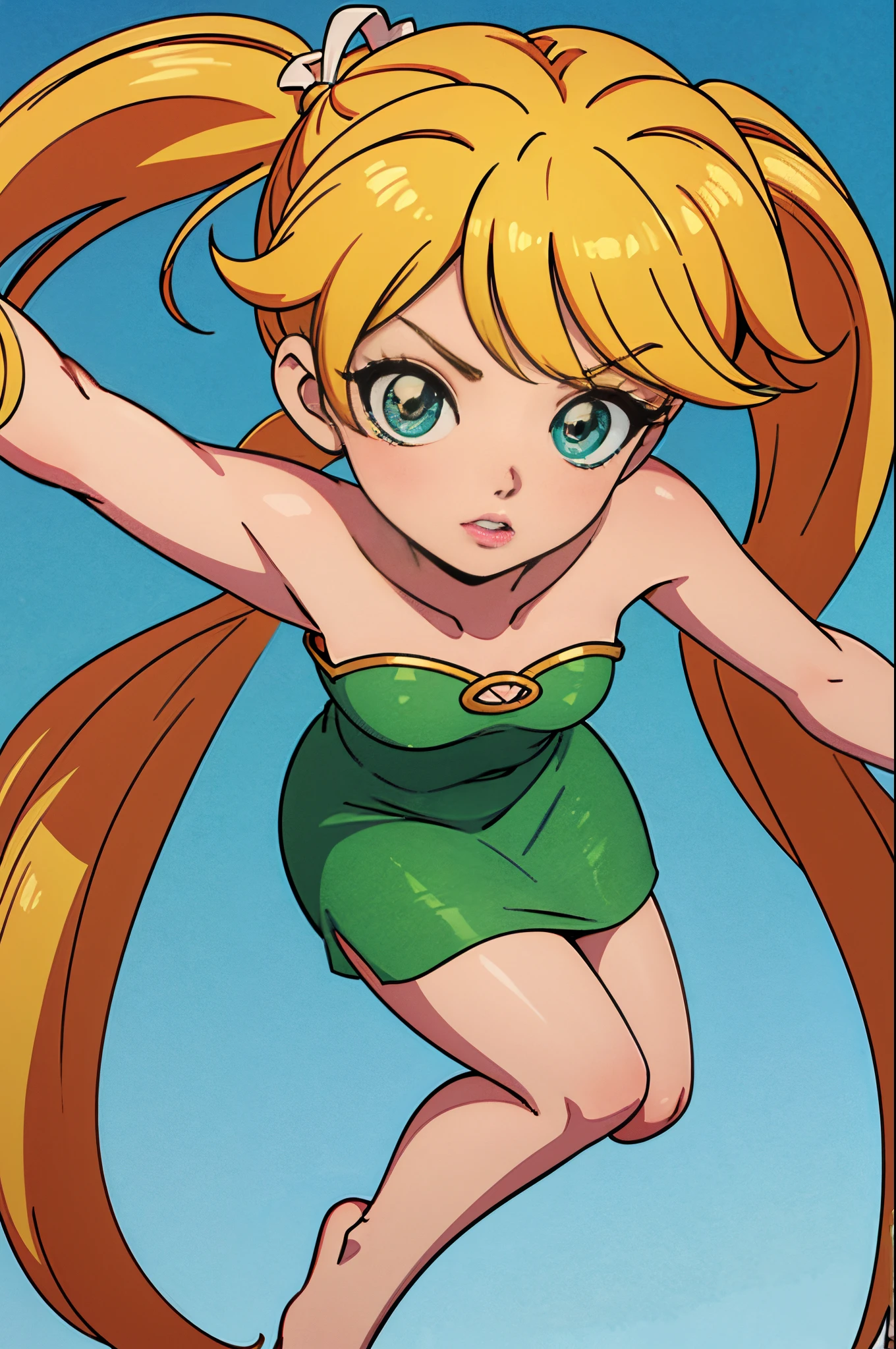 anime styled, Anime Artwork,The ultra -The high-definition,超A high resolution,wink,Clear eyes, Pretty lips, Beautiful girl with well-formed face,long eyelashes, Twin tails tied with a red ribbon,blonde hair, A begging look, Sheer emerald green short dress in sheer fabric, fullnude,bare-legged,Draw the whole body from the top of the head to the toes。A deserted summer coast