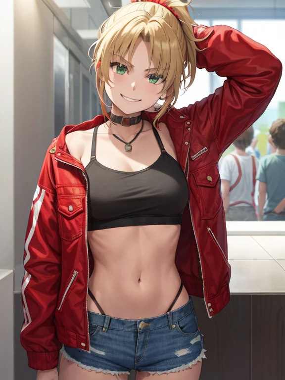 modred, (green eyes:1.5), blonde hair, ponytail, short hair, scrunchie, red scrunchie, hair scrunchie, denim, denim shorts, jacket, midriff, navel, red jacket, short shorts, shorts, tube top, red line white top, strap gap, looking at viewer, smiling, eyes close
