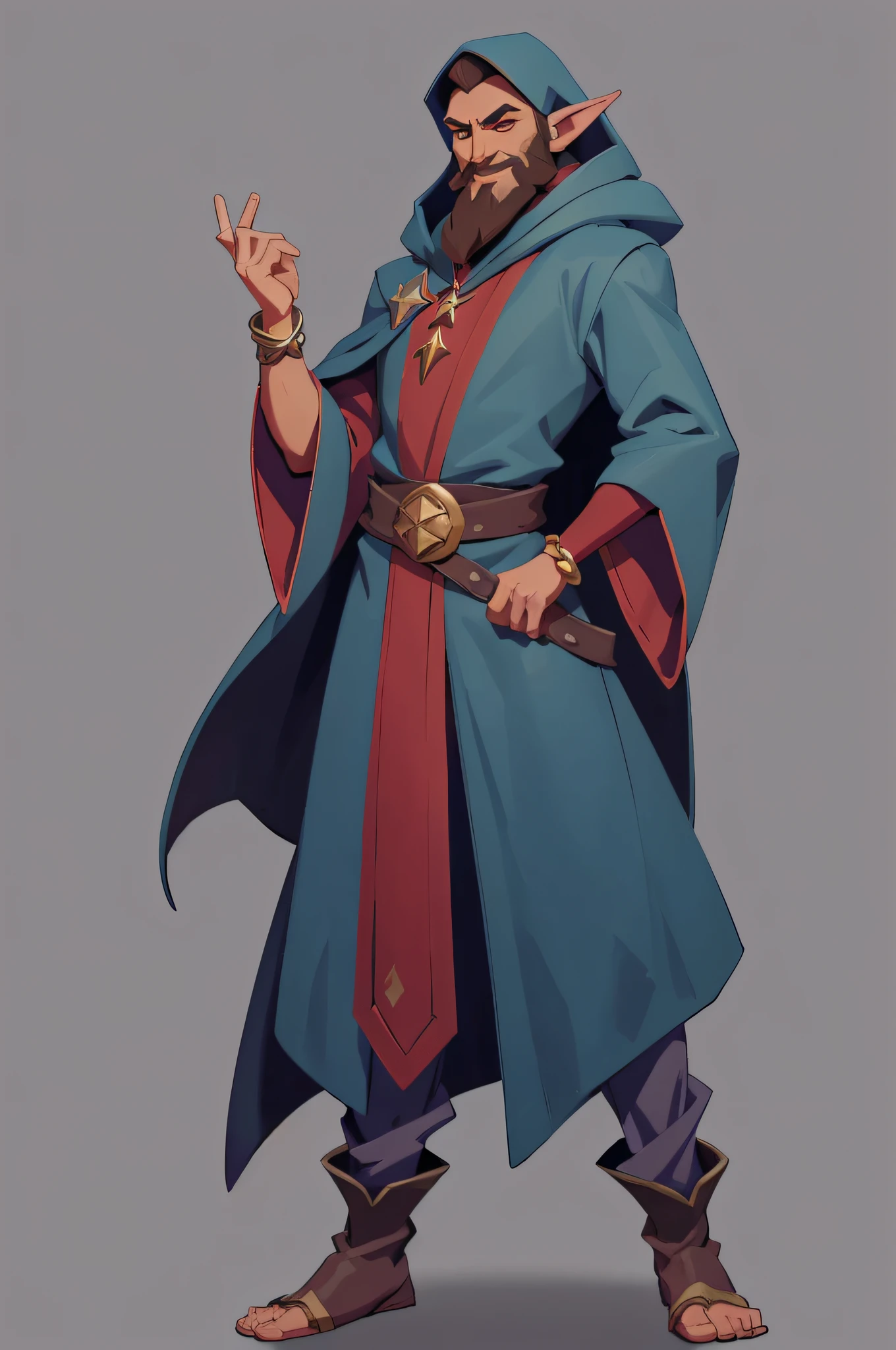 1boy, monster with DARK RED SKIN, pointed ears, broad nose, BEARD, wearing wizard robes, mstoconcept art, european and american cartoons, game character design, solo, BACKGROUND, GRAY BACKGROUND, WIZARD, FULL BODY, STANDING, SMILING, ROBE, HOOD, JEWELRY, BRACELET, WIDE SLEEVES, BELT, GEMSTONE, LONG SLEEVES,