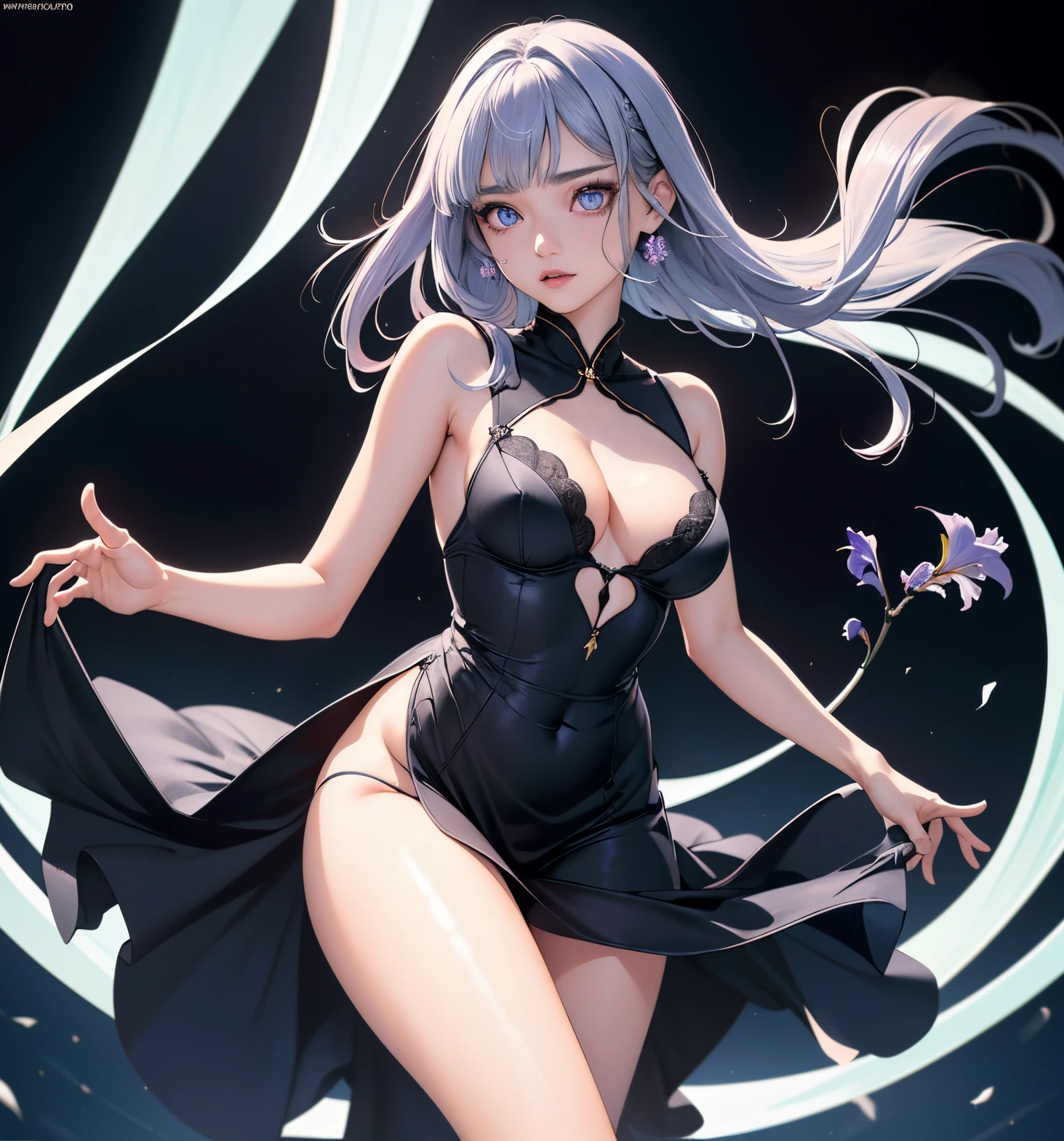(Ultra Real), (illustration), (high resolution), (8k), (Very detailed), (best illustration), (belos olhos detalhados), (best quality), (super detalhado), (master part), (papel de parede), (Rosto detalhado), sozinho, (dynamic pose), uma , cabelos ondulados brancos na cama, perder roupas, Japan person, Iris Colored Eyes, (((muito fino, Vestido de noite pequeno e curto)), medium breasts, pernas longas, Melhor passeio de pernas, (sem calcinha), (without bra)
