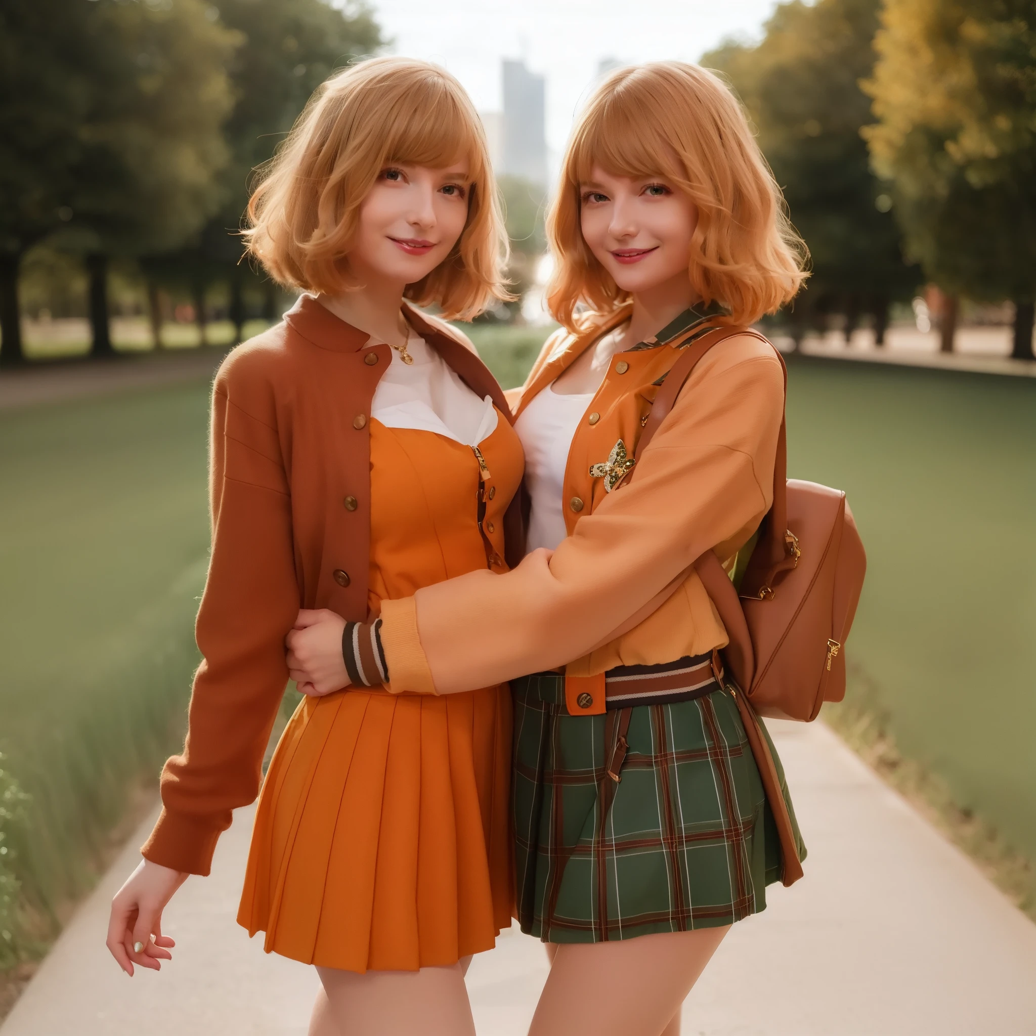 Ella freya, woman, orange jacket, green mini skirt, smile, blonde bob hair