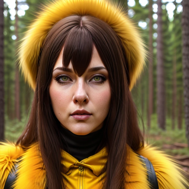 Detailed face, 8k, View of, yellow fur suit, long hair, beautiful eyes, woman, full body, forest