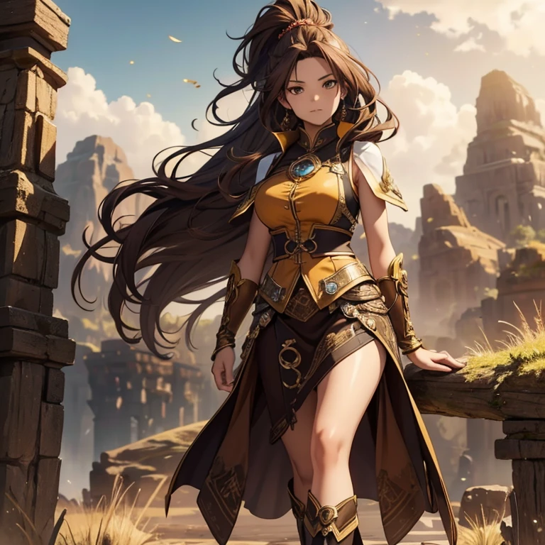 Master piece, 8k, ultra detailed, brown vest, woman, long brown hair, ponytail, yellow topaz jewel, browny grey eyes, seductive look, full body frame, brown mountain background