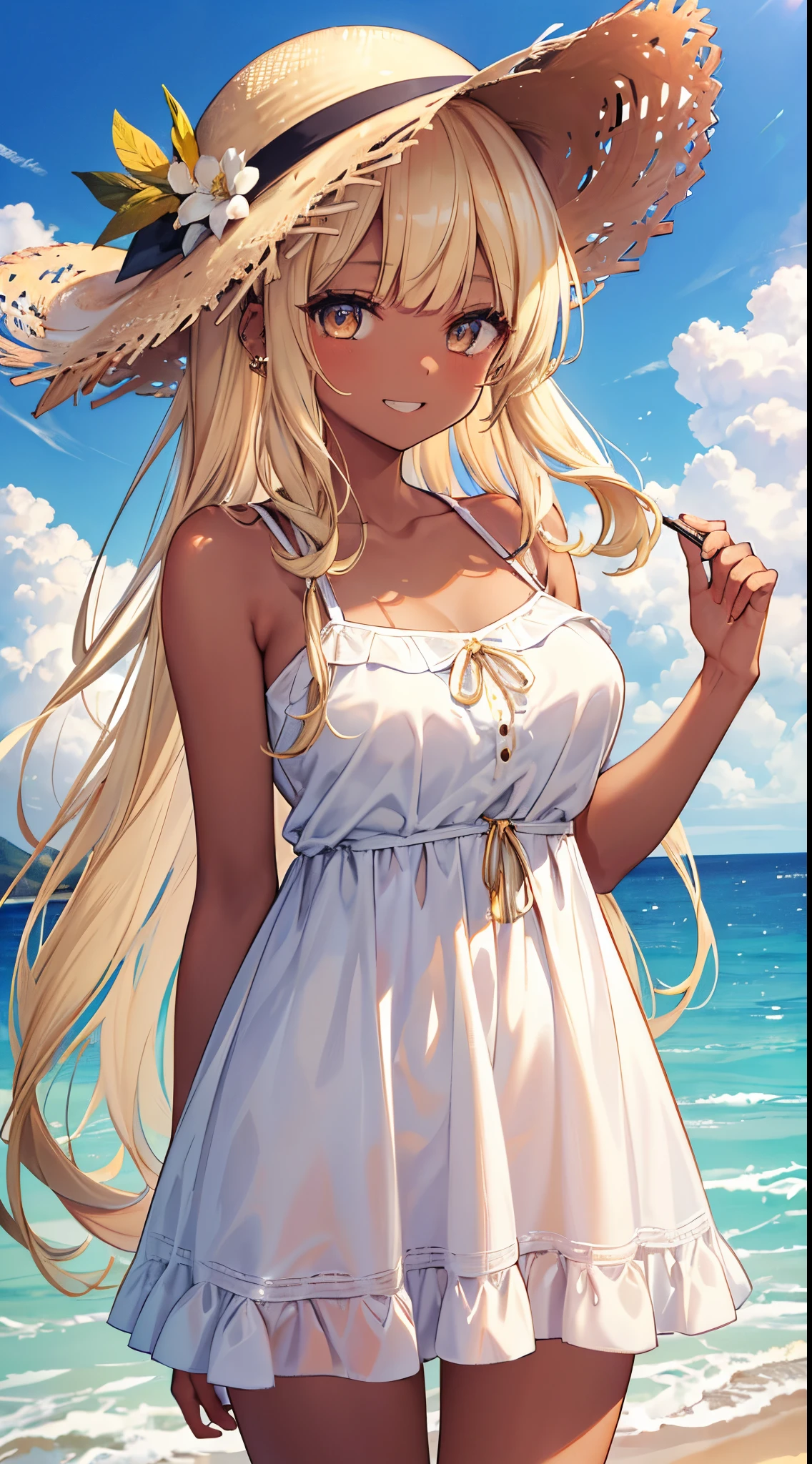 (8K、Top image quality、top-quality、masterpiece)、A detailed face、1 girl in、Blonde longhair、blunt bangs、Golden eyes、piercings、((Brown skin))、((skin tanned))、Grinning、very Bigger breasts、Big straw hat、White Camisole Dress、cowboy shot、blue open sky、seaside backgroud