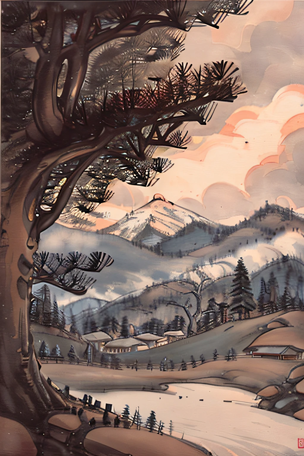 Cloudy day on the top of the mountain，Under the big pine tree，Two people playing Go
