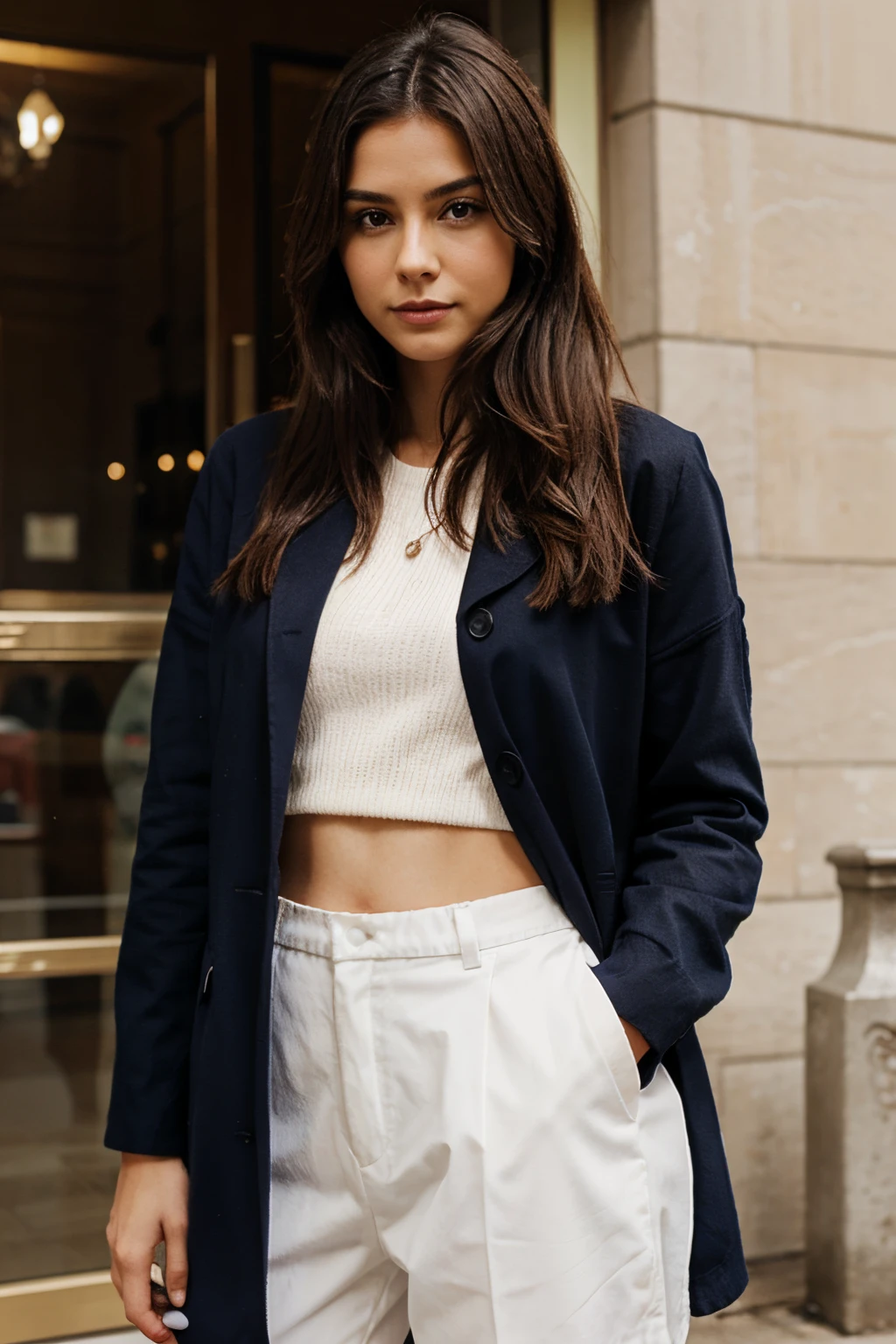 A woman in a white top and black jacket standing outside - SeaArt AI