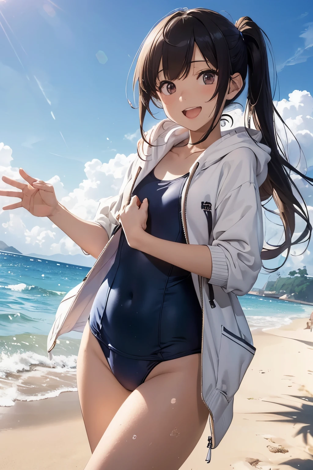 (masutepiece), (Best Quality), hyper detailed illustration，beautiful artwork，(Extreme Detail CG Unity 8K wallpaper、​masterpiece、top-quality)、(exquisite lighting and shadow、highly dramatic picture、cinematic lens effects)、Young woman on the beach，swim wears, 1girl in, (School Swimsuit:1.3), Solo, onepiece swimsuit, Outdoors, Long hair, Sun, Looking at Viewer, Covered navel, (School swim wear )，Black hair, Big smile, Brown eyes, day, Small breasts, Bangs, Sunlight, Through the thighs, Blue one-piece swimsuit，Facing，Open mouth，(straggling hair:1.2)， Dramatic Horizon，(sunlight shining)， Twin tail，(Wearing a white hoodie:1.2)，Reaching out，(Strong sunshine)，(Lens Flare)，(Tsurime)，Head tilt，(White foodie:1.2)，
