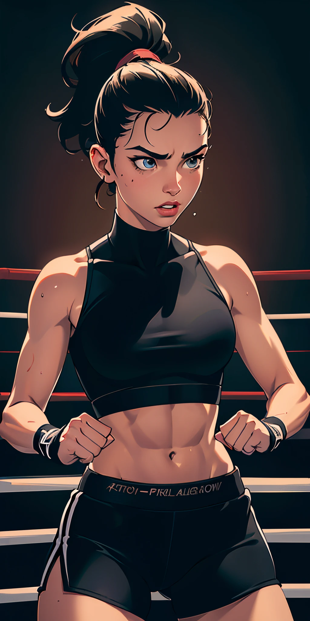 masterpiece, highest quality, (Highly detailed CG Unity 8k wallpaper), (highest quality), (Best illustrations), (Best Shadow), Confused, Realistic lighting, (abyss), Beautiful and delicate shine,victory,Random Pause,((Bare skin wet with sweat,Female professional wrestler)),Cute freckles on the cheeks,Mole under left eye,Cowboy Shot,Hair wet with sweat,A leotard-type wrestling costume with gorgeous decorations,pain,suffering,ring,Plump,Villain wrestler,Dyeing hair,