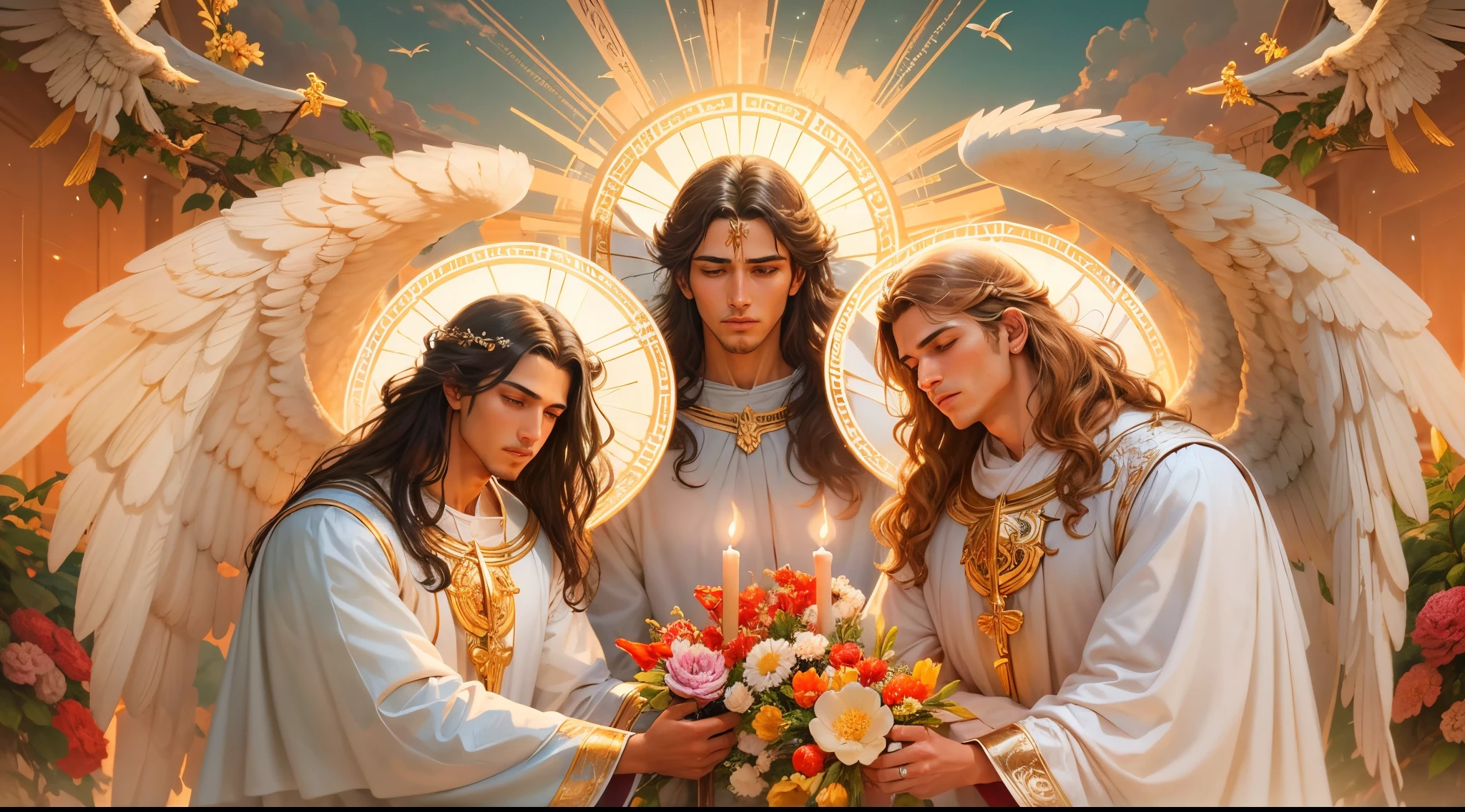 Close up of an image of three male angels praying and blessing, arcanjo homem com asas grandes, o anjo da fortuna, perfeito, Reslistic, Biblical setting, celestial scenery, sol e nuvens ultras realistas, flores e velas, illuminated archangel of heaven, Passes em segundo plano, flores coloridas, velas acesas, roupas brancas e vermelhas