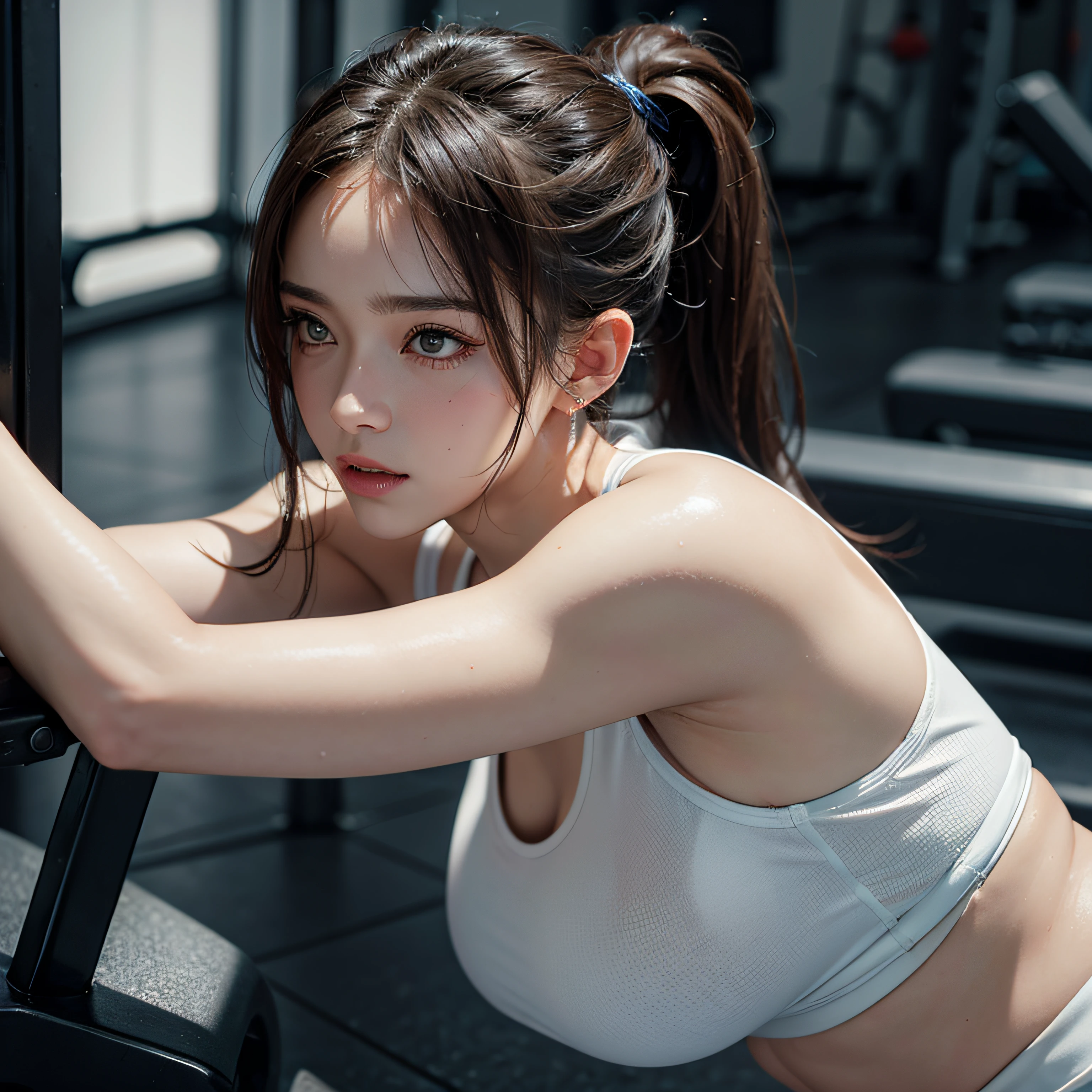 Highly detailed CG，detail-rich，The ultra-realistice，Woman in white sportswear，Bumpy figure，Fine fine skin，Work out in the gym，Sweat，