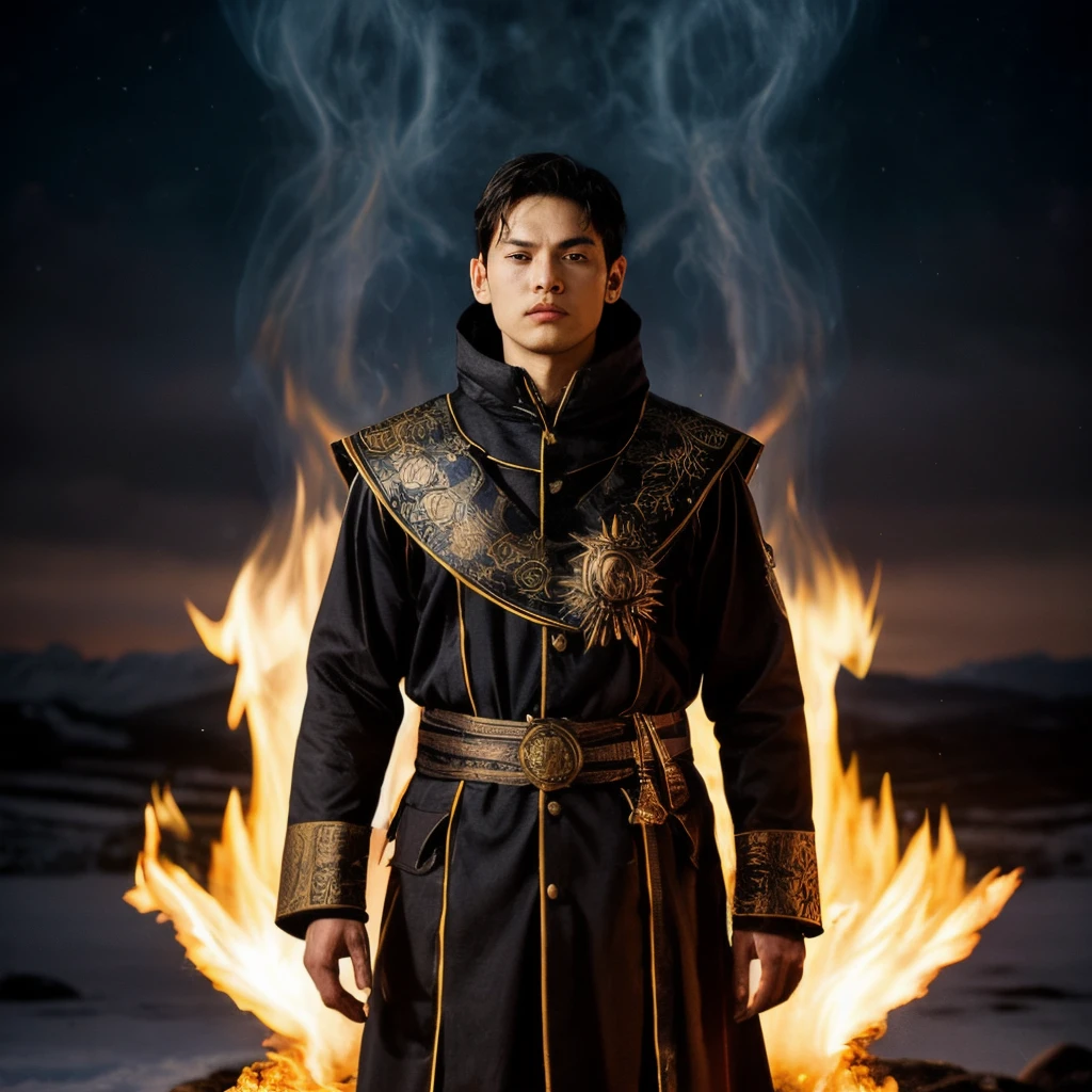 a young mage, This poster depicts wizards as wizards with precise control over elemental powers. The character in a fusion of elements, fire mingled around them. His costume decorated with symbols representing the elements they command, From the heat of fire to the cold of frost. The staff in his hand channels the energy that dances along its length. His gaze was firm, It's as if he observed the ebb and flow of the elements. the are In the background, Elemental field merging, implying that their scope of control unlimited
