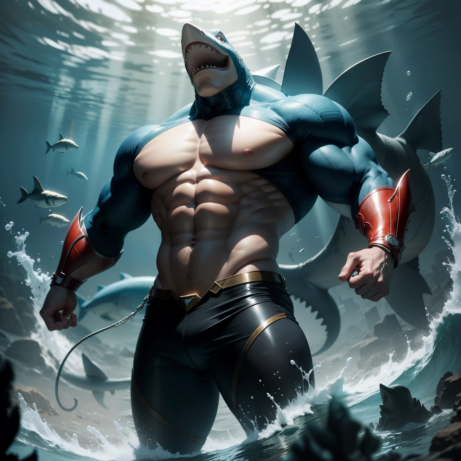 Superhero, male, muscular, shark like custome, shark mask, underwater, fierce, ready to fight