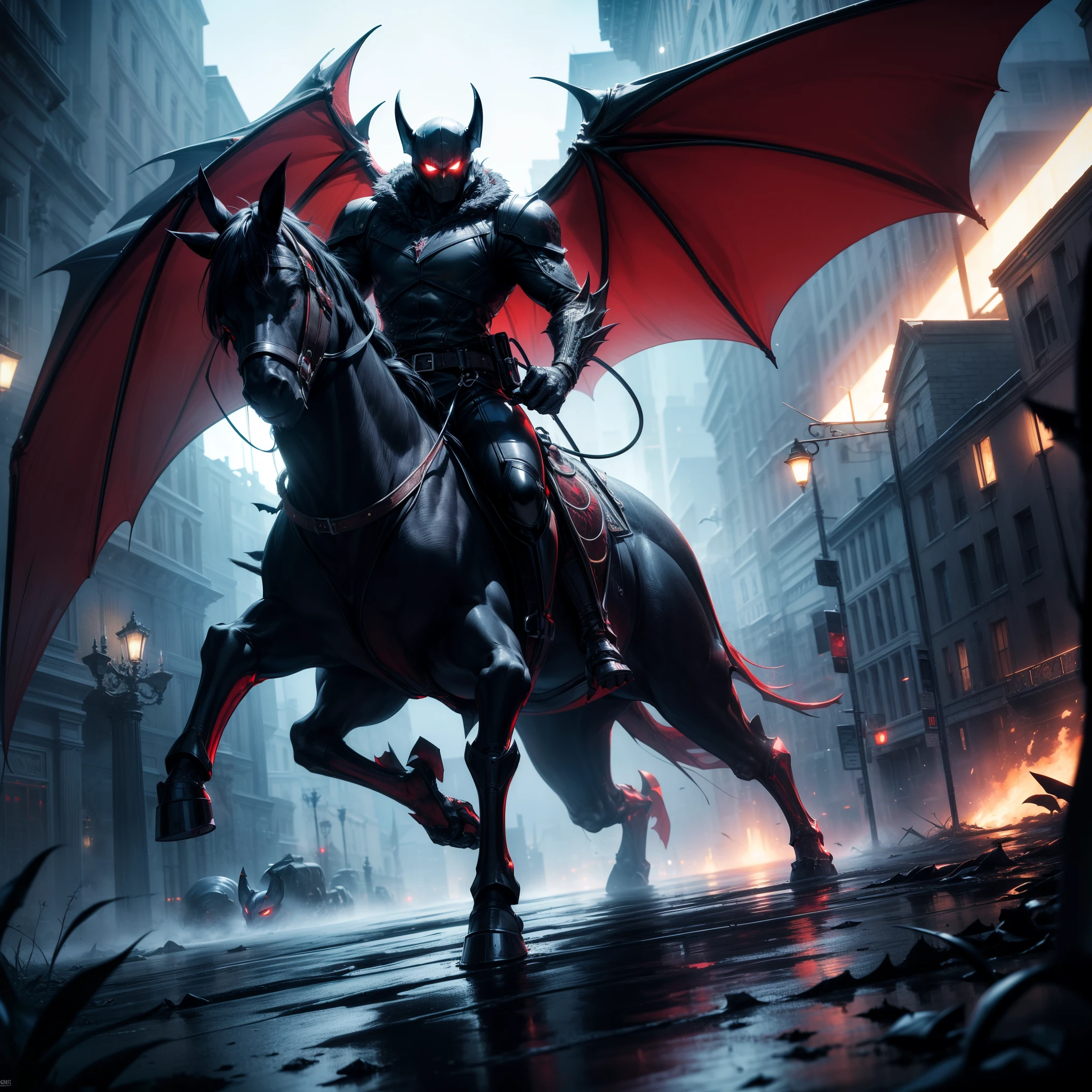 (masterpiece), (ultra-detailed), (masterpiece), (best-quality), (ultra-detailed), shadowy figure, dark lightning, high contrast, spectral wings, bat wings, red eyes, hovering in the air, staring at the viewer, horror-theme, monster, creature, humanoid, claws, pointed feet, dark helmet, demonic horns, eldritch horror