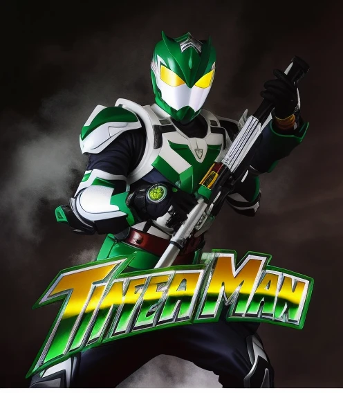 um close de uma pessoa vestida de verde e branco segurando uma espada, Thunder Man, Kamen Rider, an epic anime of a energy man, Power Ranger Verde, alta fantasia Kamen Rider, Arte Promocional, Power Ranger, Kamen Rider personagem, desenhado como o anime speed racer, Album art, Ultraman, kamen rider action pose, Kamen Rider fantasma, fanart oficial