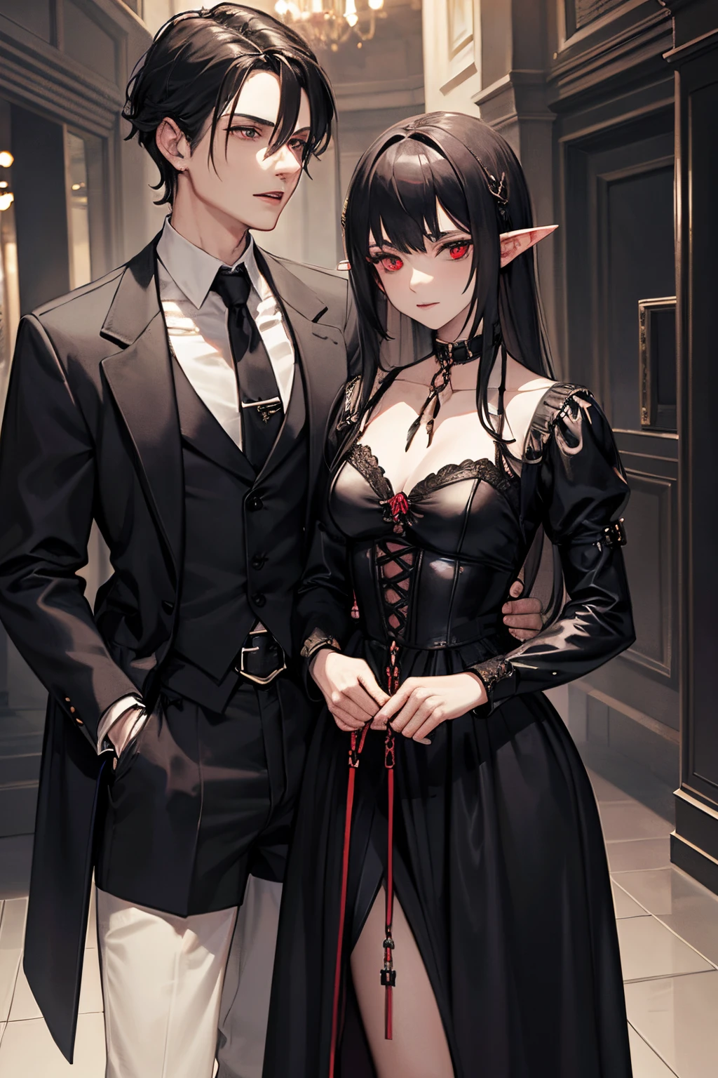 young male vampire holding a leash in his hands, tied to the throat of a beautiful elf girl. gothic dark style