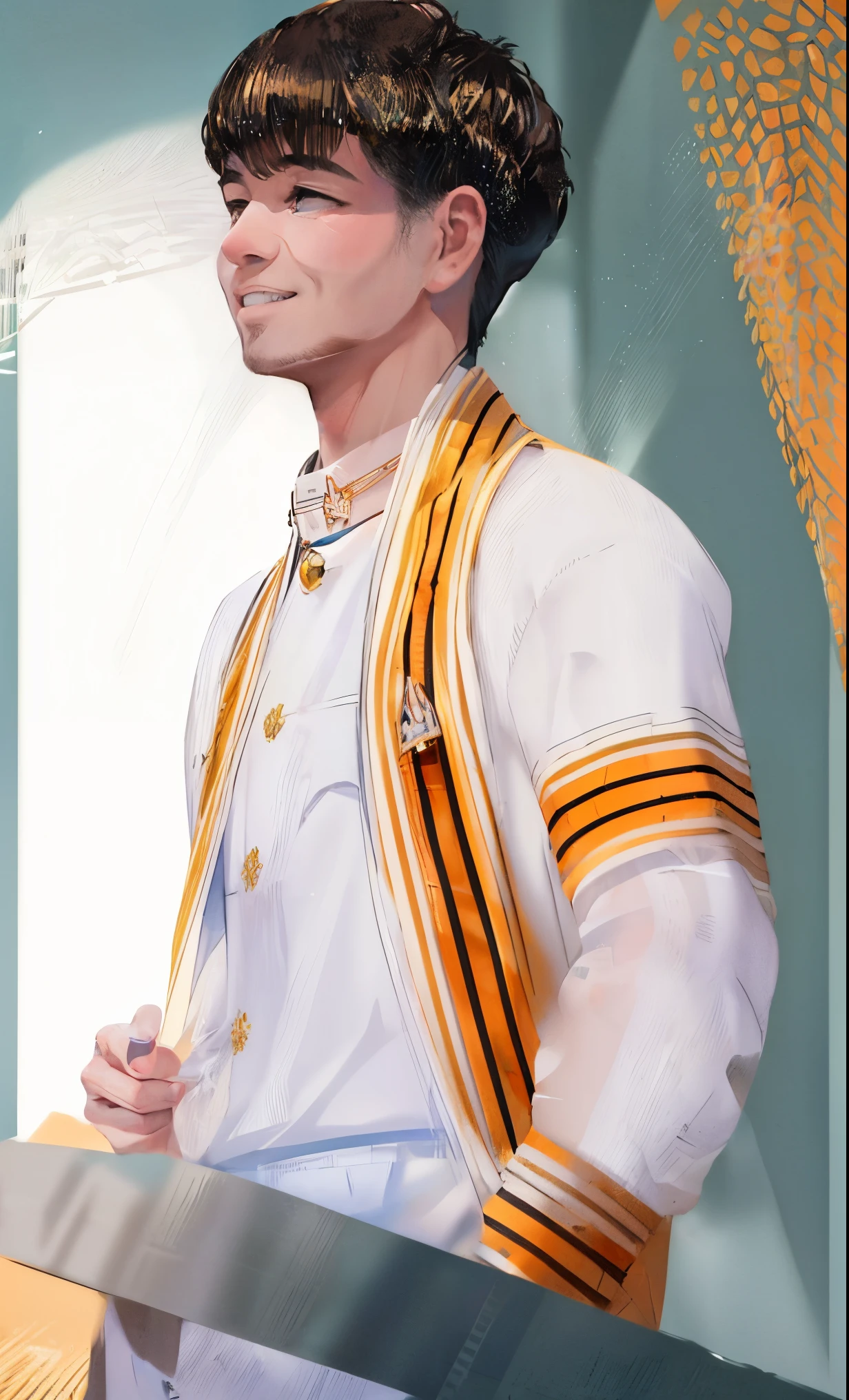 (masterpiece:1.2),illustration,lineart,texture,a man black brown hair smiles showing white teeth and wearing white t-shirt and transparent robe with yellow and orange stripes ,warm color palette,soft natural light ,detailed pencil strokes,delicate outlines,distinct shadows,subtle shading,impeccable attention to detail,highly realistic,artistic touches,vibrant and lifelike rendering,professional-level skill,colorful and textured background,warm and inviting atmosphere,peaceful and relaxed expression,sophisticated and elegant aesthetics.