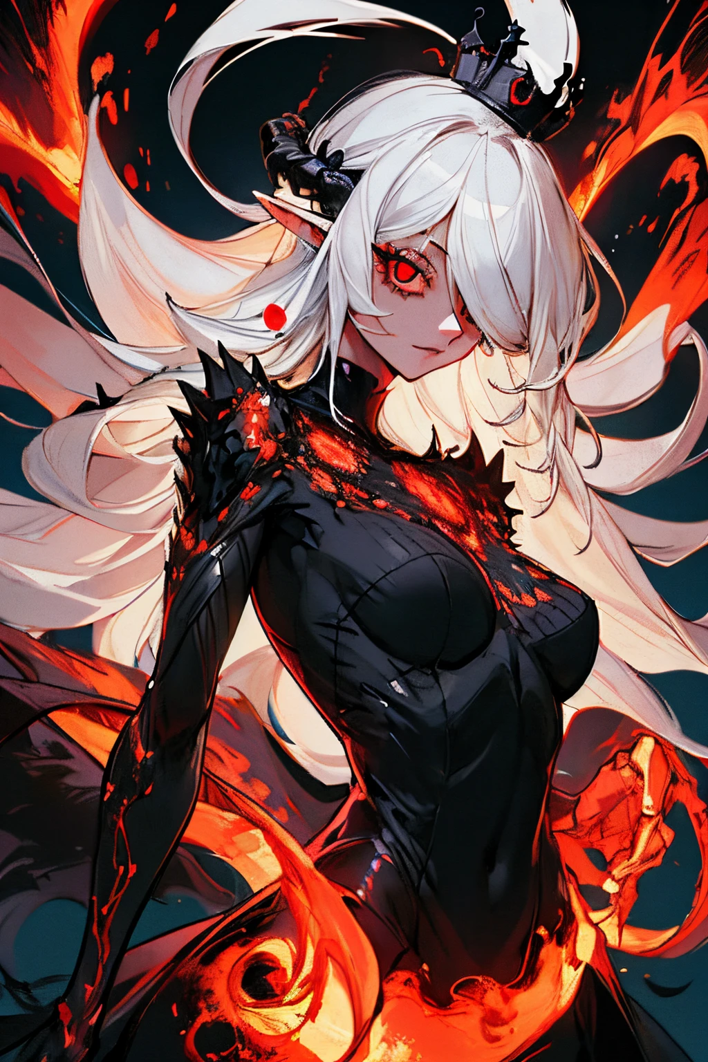 masterpiece, best quality, ultra-detailed, absurdres, colorful, 1girl, solo, (solid red eyes:1.0), (white hair, long hair, straight hair, hair over one eye:1.0), detailed eyes, wide-eyed, eyelashes, (upper body:0.8), monster girl, side view, glowing eyes, tilted head, night, black suit, pointy ears, horror, dark, black background, looking at viewer, crown, high contrast, backlighting, (standing:0.8), aura, fractal background, chaotic, spiral, demon horns, energy, mosaic, inferno