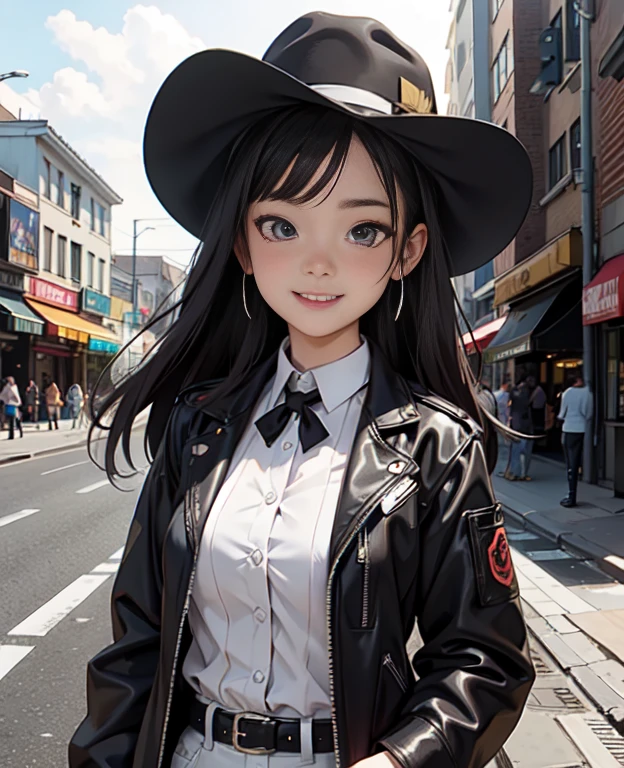 grin face, Outdoor activities, looking at viewert, cow boy shot, (tmasterpiece), (Best quality at best), (Black Themes), 1个Giant Breast Girl, daysies,