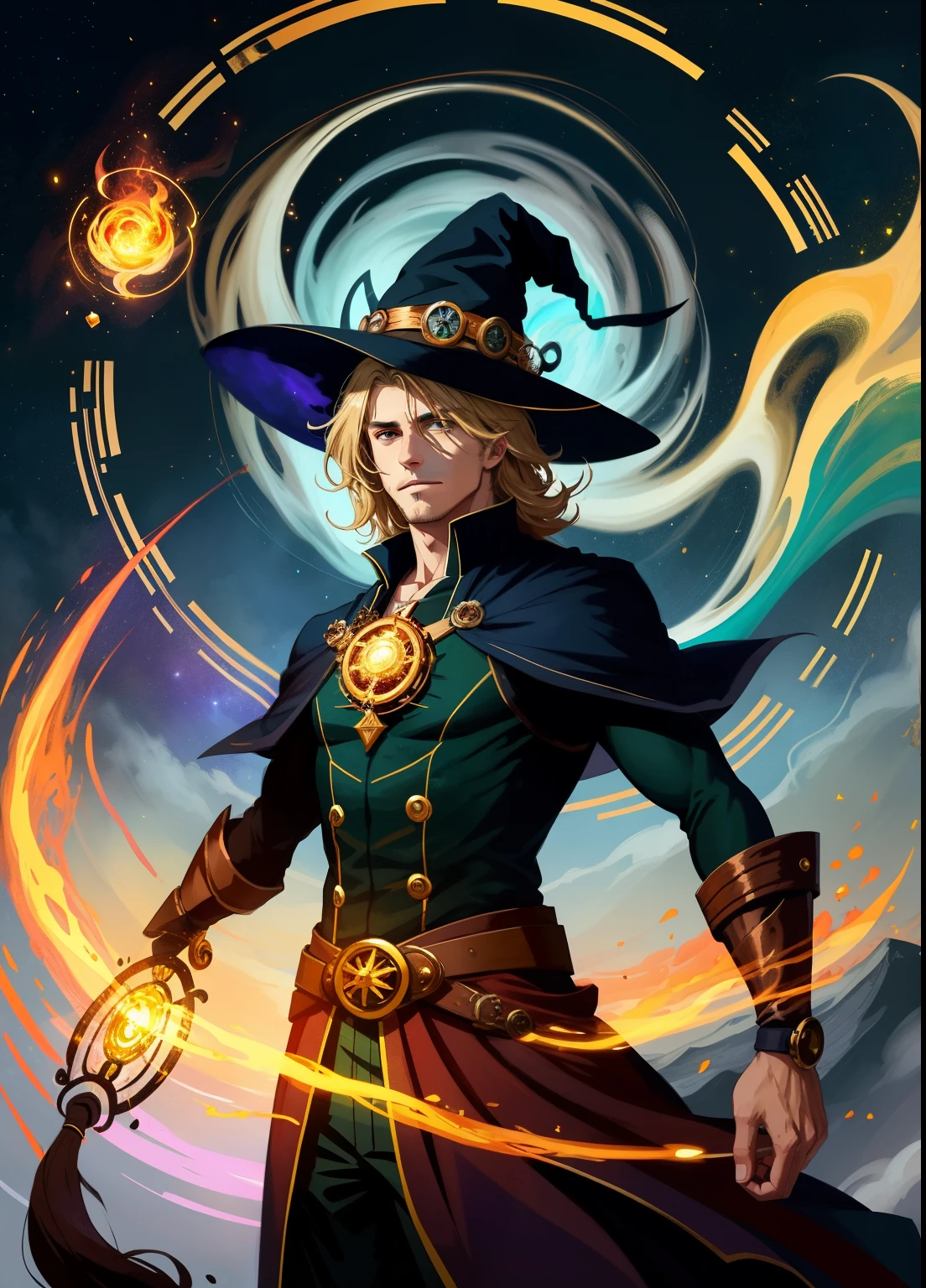 (masterpiece, best quality),  stylized digital art, abstract and colorful paint style, 3DMM,
(1man, muscular   male:1.2),  brown eyes, natural blonde hair, fade,
 looking down, solo, upper body, detailed background, (ChronomancyAI, chronomancy theme:1.1), light smile, witch hat, witch, magical atmosphere, hair flowing in the wind, green trimmed dark colored clothes,  colorful whirlwind of swirling elemental weaves in the air, swirling portal, dark magic, (style-swirlmagic:0.8), floating particles, clouded background, updraft, backlighting,