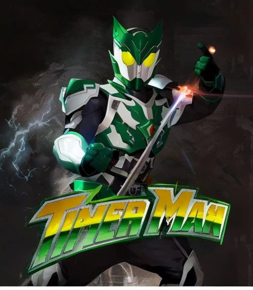um close de uma pessoa vestida de verde e branco segurando uma espada, Thunder Man, Kamen Rider, an epic anime of a energy man, Power Ranger Verde, alta fantasia Kamen Rider, Arte Promocional, Power Ranger, Kamen Rider personagem, desenhado como o anime speed racer, Album art, Ultraman, Kamen Rider fantasma, kamen rider action pose, fanart oficial