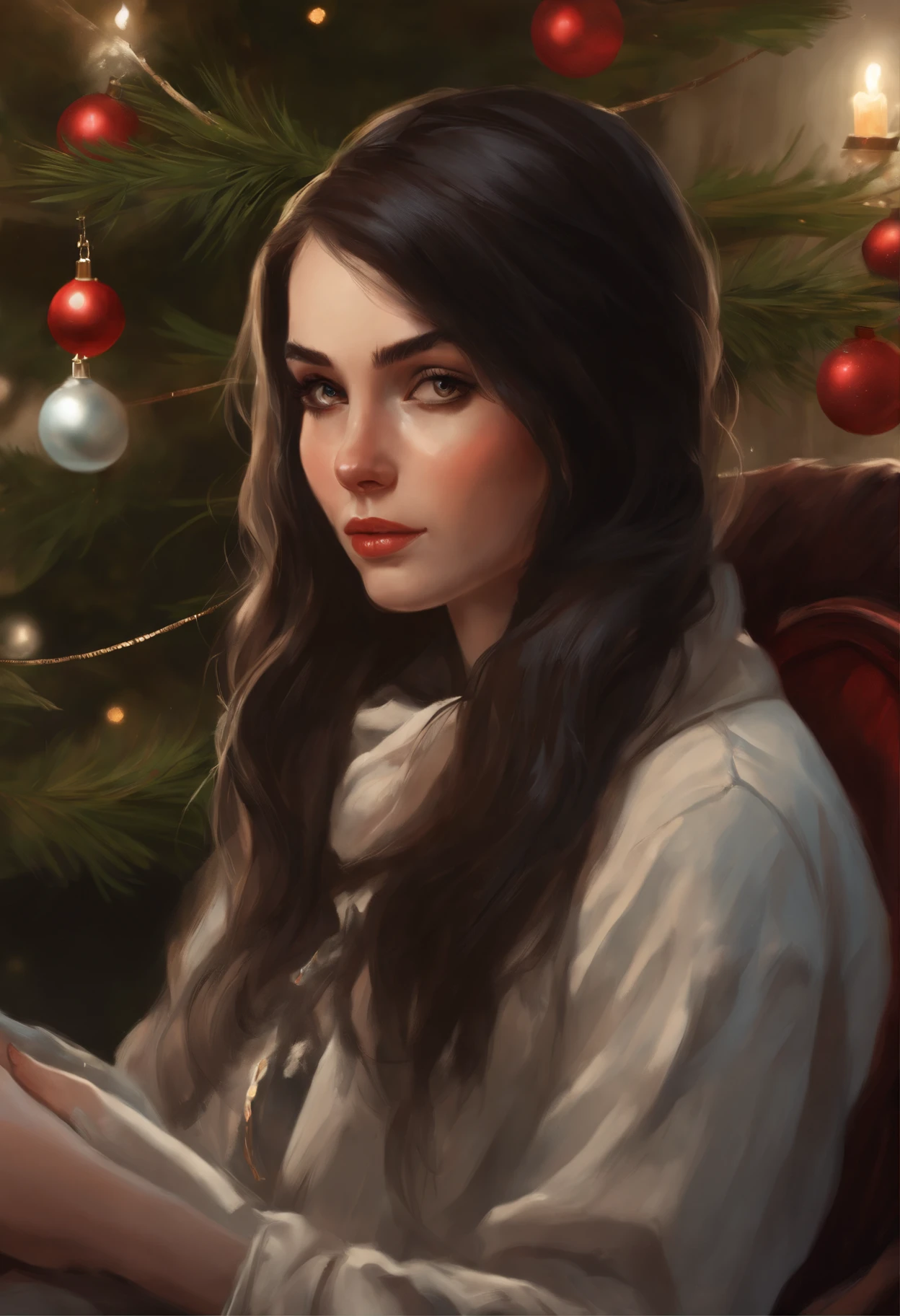 真实感, a painting, Fantastic tale, Christmas style, John Tolkien style, Small painting by Jean-Baptiste Monge , in the art style of bowater, 8K Artgerm Bokeh, realistic art style,Painting of a rocker girl, sitting in front of the Christmas tree, Portrait of a rocker girl, Soft facial features, Rocker Girl, sitting in a chair with flowing black hair , straight hair , Straight hair, near the Christmas tree, Soft facial features, Wearing tight laces, Wear a tolstovka, With light makeup, dark pink lips, lip shape"pearlescent" ,"curved eyebrows in the shape of Engriberts, Cyan eyes, heavy-lidded eye shape, Human hand, very clear without flaws with five fingers,black long straight hair, Straight hair, in a sweatshirt, in black leggings,mischievous character, fireplace, Christmas tree, Gifts, ,artwork in the style of guweiz, detailed character portrait, extremely detailed artgerm, artgerm and atey ghailan, charlie bowater art style, Jean-Baptiste Monge, anthropomorphic --ar 2:3 --testp -optimistic; straight hair