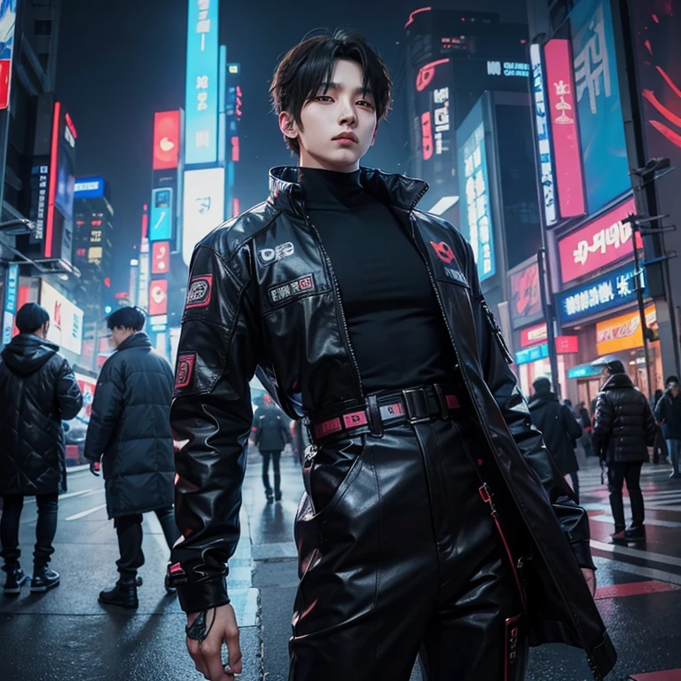 4 korean men, (super beautiful), (beautiful faces), cyberpunk aesthetic streets, neo tokyo, wearing futuristic cyberpunk clothes, kpop group, perfect body, ((realism)