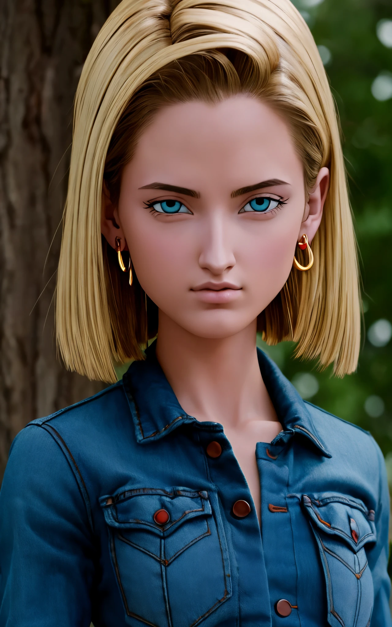 (masterpiece, best quality), realistic version of android18, earrings, denim, belt upper body, focus face, perfect face, Emily Rudd.
