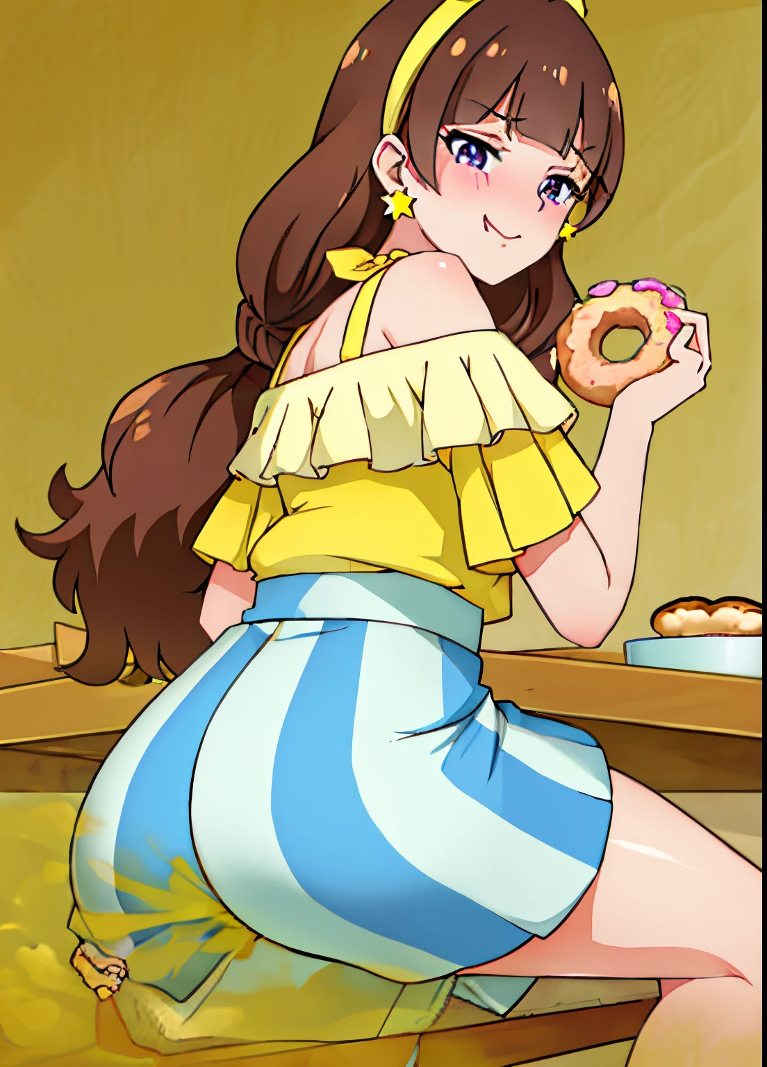 (masterpiece, high quality, best quality, super fine illustration, realistic anatomy), amanogawaki, 1girl, solo, yellow hairband, star earrings, yellow shirt, bare shoulders, striped shorts, vertical stripes, blue skirt, doughnut, food, star (symbol), seductive smile, looking at viewer, holding doughnut, anime coloring, sitting, pov across table, cup, ass, ass focus, blush, panties, fart, farting, yellow gas, embarrassed, shy,