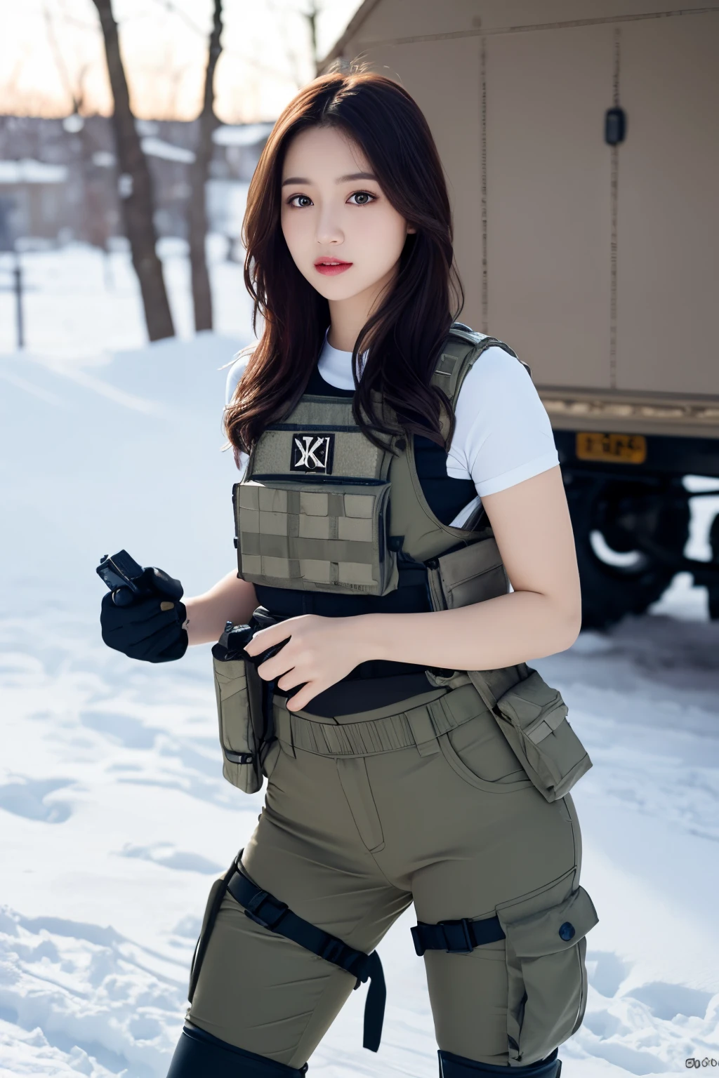 ((best quality)), ((masterpiece)), (detailed), perfect face, beautiful lighting, best quality, realistic, full body portrait, real picture, intricate details, depth of field, 1girl, in a cold snowstorm, A very muscular solider girl with long haircut, wearing swat fatigues, swat plate carrier rig, combat gloves, (magazine pouches), (kneepads), highly-detailed, perfect face, blue eyes, lips, wide hips, small waist, tall, make up, Fujifilm XT3, outdoors, bright day, Beautiful lighting, RAW photo, 8k UHD, film grain, ((bokeh))