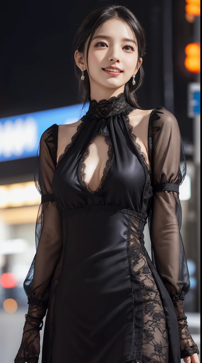 8K, Masterpiece, Raw foto, Best Quality, Photorealistic, Extreme detailed CG unity 8K wallpaper, Depth of field,
Cinematic light, lens flares, Ray traching, (extremely beautiful face, beautiful lips, beautidful eyes), Intricate detail face,
((ultra detail skin)) 1Girl, Dark In, Deep Shadow, Pretty Korean Girl, kpop-idol,(Very slender muscular body:1.3),
((looking up at viewer)),(big grin:1.3), (Tight midi dress), (Shot sleeve) ,
(A Night in Fashion City, (neon sign), (Big building), Fashion Street Night),(No people), (There are no people in the background.:1.Pretty Korean Girl, White diamond earrings, Dia bracelet, Dia Necklace, Pantyhose, Clear eyes, walking ,
Front Shot, (pale-skin), Facing Forward, (Big Eyes), ((upper body shot)), ((Silk lace)), ((black color dress:1.3)),
(looking up at viewer:1.3), (see - through)