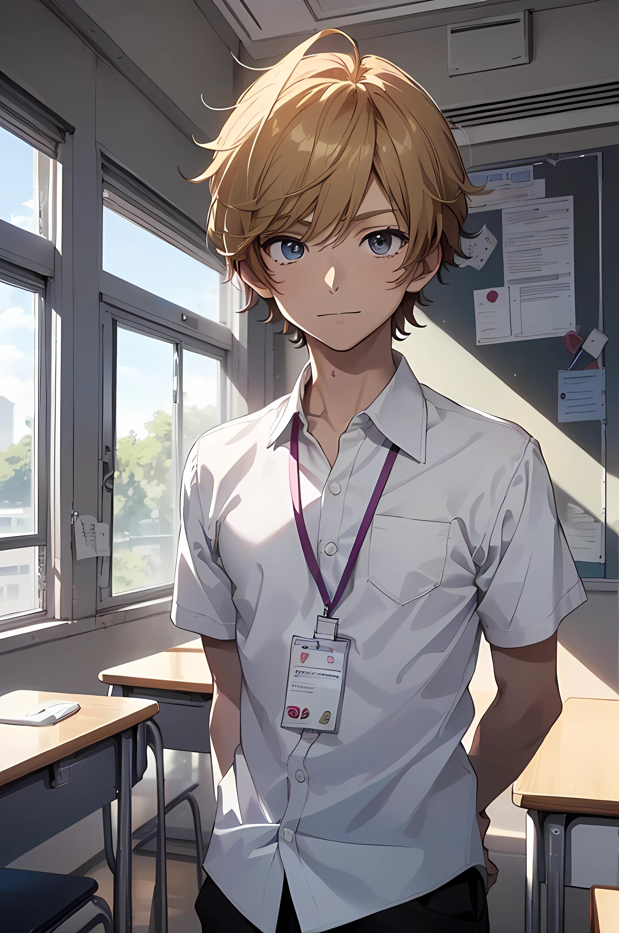 ((best quality)), ((masterpiece)), (high quality:1.1), 1man, solo, (male:2), teenage male, age 15, happy, solo, anime face, (anime:1.2), (detailed eye:1.5), clear eyes, quality eyes, (Untucked Shirt:1.5), student, white school shirt (plain white), short sleeves, long black pants, ((wearing lanyard, (lanyard:1.1)), standing, classroom, school, anime, line art anime