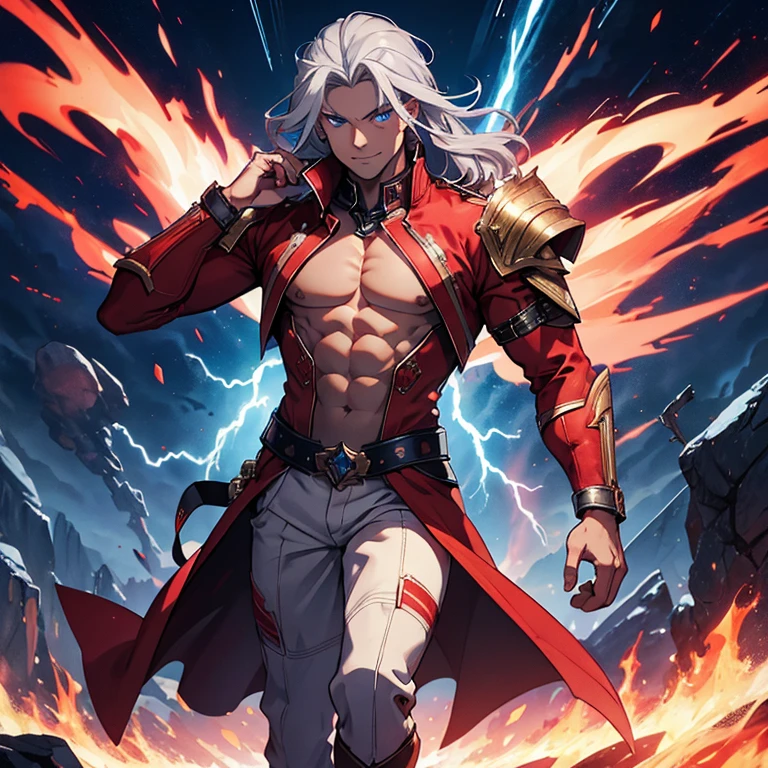 Master piece, 8k, ultra detailed, god, red overcoat, shirtless, fire opal jewel, muscular man, long grey hair, blue eyes, confident smile, full body frame, vulcan eruption and blue lightnings blue light background