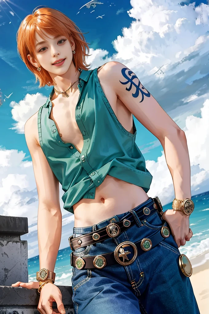 detailed background, masterpiece, best quality, 1man, solo,male  nami \(one piece\), 1man, bangle, bangs, bare shoulders, belt, blue sky, bracelet, breasts, brown eyes, bubble, cleavage, cloud, cowboy shot, day, denim, earrings, floating hair, green belt, green shirt, groin, jeans, jewelry, log pose, short hair, looking at viewer, navel, orange hair, pants, shoulder tattoo, sidelocks, sky, smile, solo, standing, stomach, swimsuit, tattoo , looking at viewer