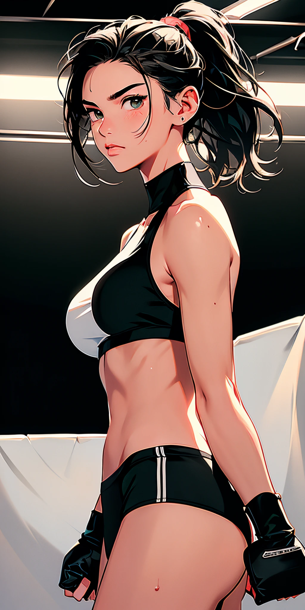 (((Masterpiece))), (portrait), Ayaka, diffused light, dynamic shadows, sharp focus, realistic, detailed, highres, absurdres, white background, looking to the side, v arms, (cropped top), no bra, photorealistic, lifelike, wet, mascara, blushing, slim waist, (((underboob))), sleeveless, armpits, darker shadows, cinematic lighting, dynamic angle,troubled face, motion, afterglow, breathless, glowing eyes