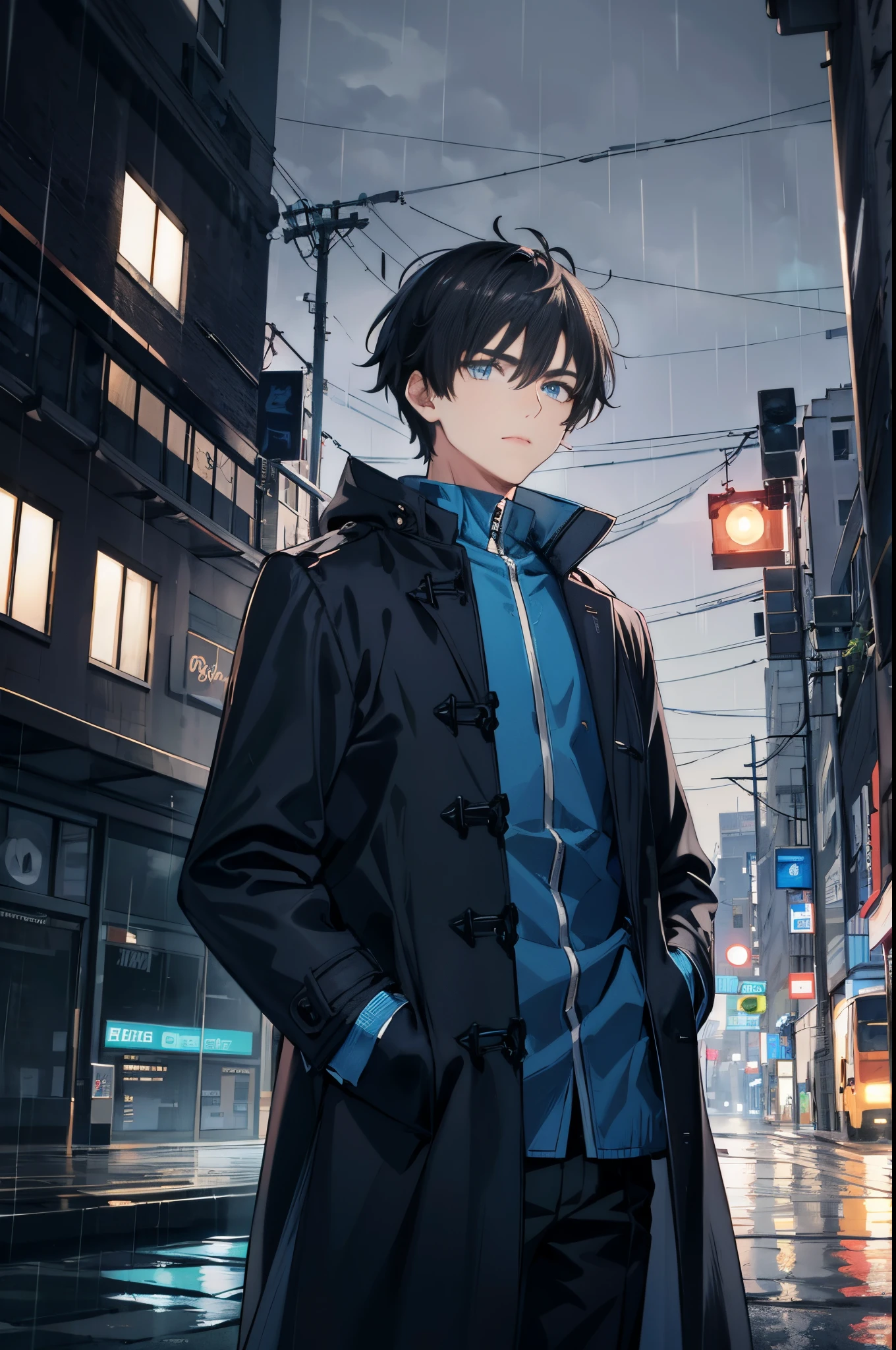 1BOY, Night City, Rain, Coat, Hands in Pockets, Short Black Hair, Blue Eyes