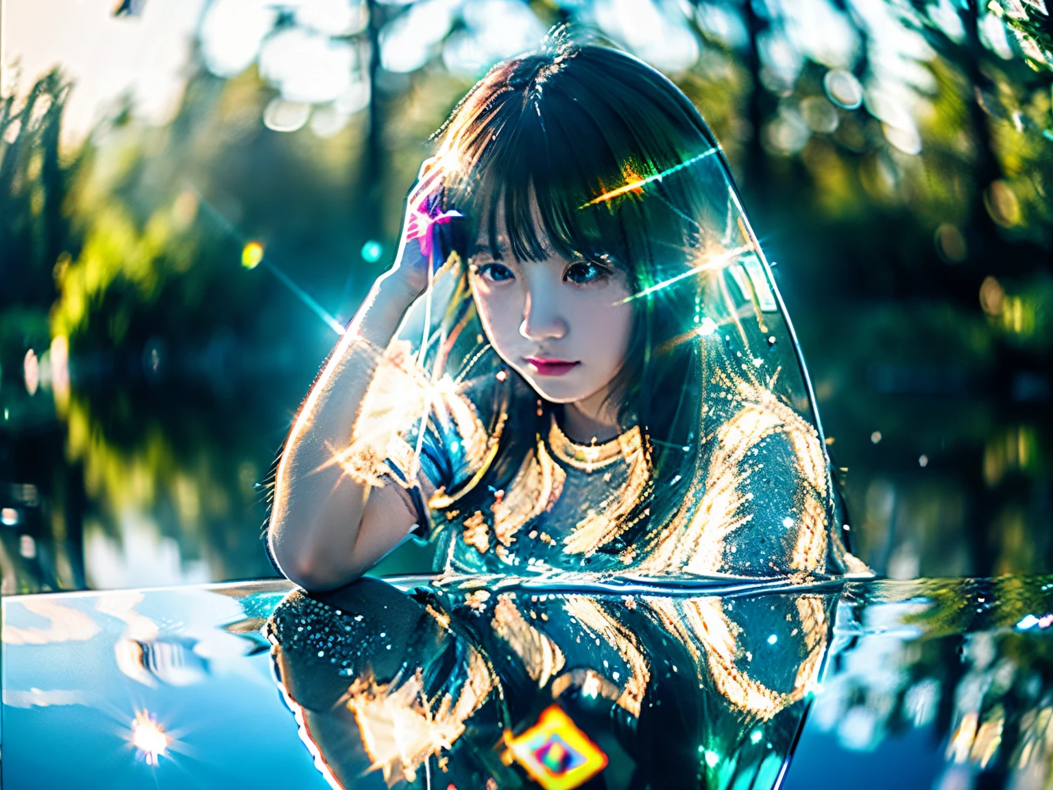 girl, Anime, Looking at Viewer, Bubbles, Highly detailed, Translucent reflections(Translucent reflections(Reflection translucent(Reflective Transparent))), iridescent transparent jacket, Long Transparent Iridescent RGB Hair - ar 3:2