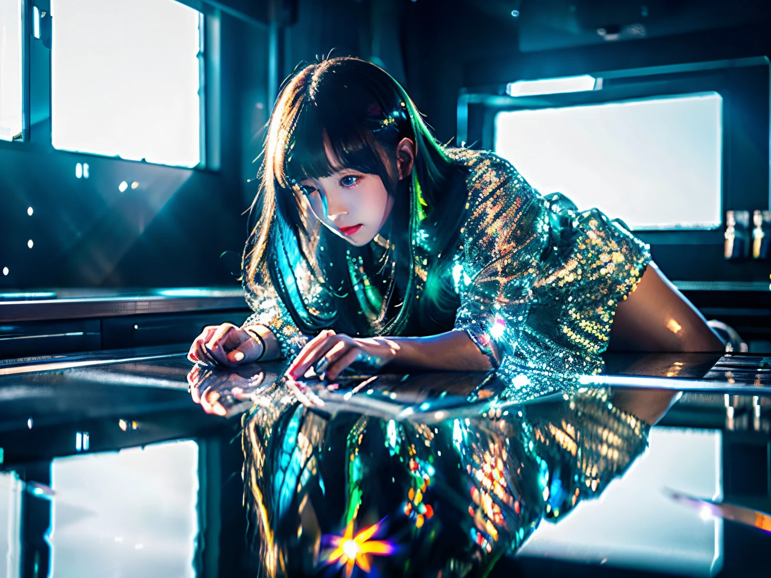 girl, Anime, Looking at Viewer, Bubbles, Highly detailed, Translucent reflections(Reflection translucent(Reflective Transparent)), iridescent transparent jacket, Long Transparent Iridescent RGB Hair - ar 3:2