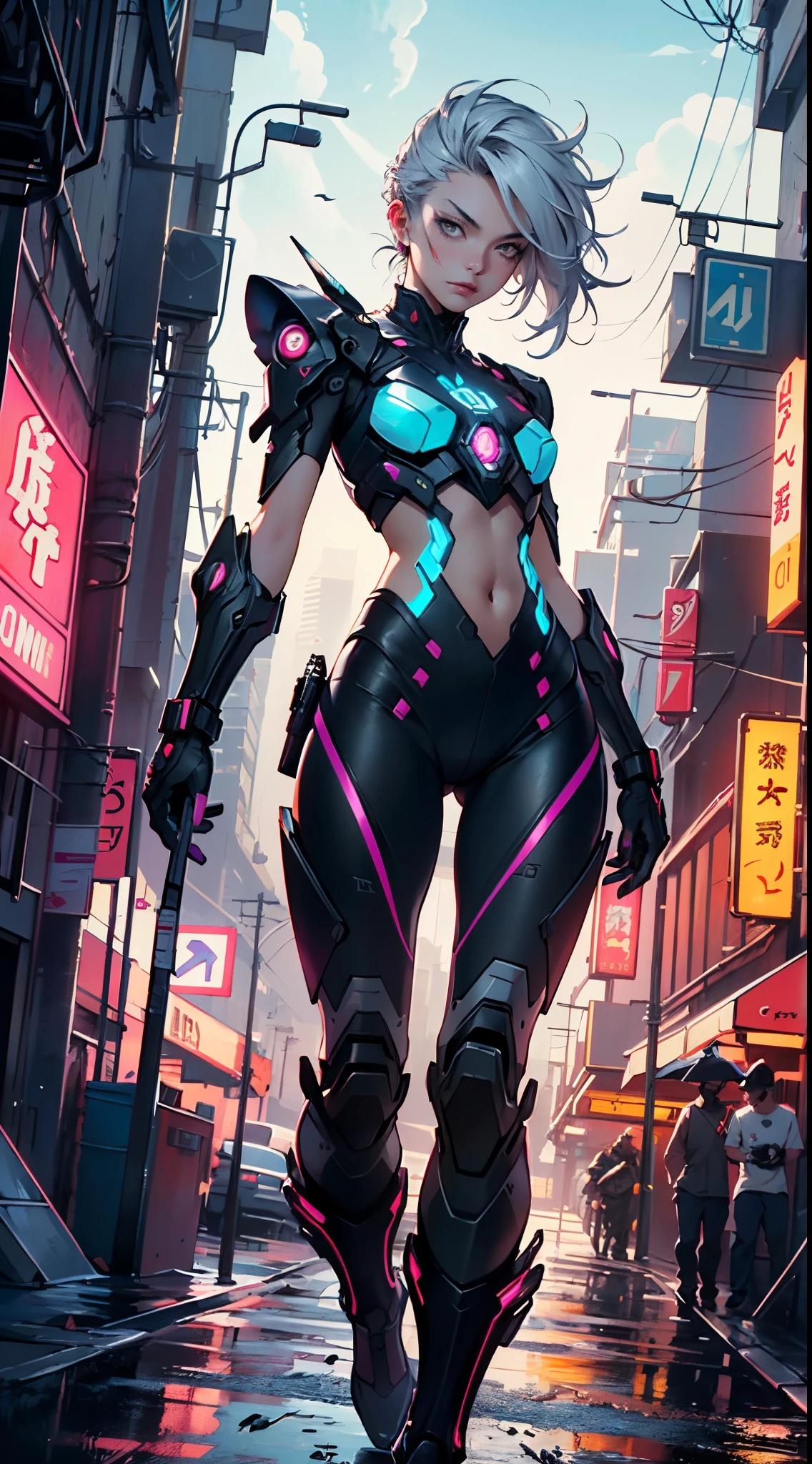 Robot Skull, armored, stealth, Character design, Highly detailed, Intricate details,Mechanical wonder, Cyberpunk, Cybernetic Guardian,male form,skull head,
(dynamic pose:1.0),solo focus,(centered,scale to fit dimensions,Rule of thirds),
cyberpunk city by the ocean at night, with bright neon signs and dark stormy clouds and puddles, scenery:1.25,
highres, sharp focus, (ultra detailed, extremely detailed), (photorealistic artwork:1.37),(extremely detailed CG unity 8k wallpaper),((synthwave background theme)),(((vibrant colors))),(intricate background),(masterpiece),(best quality),