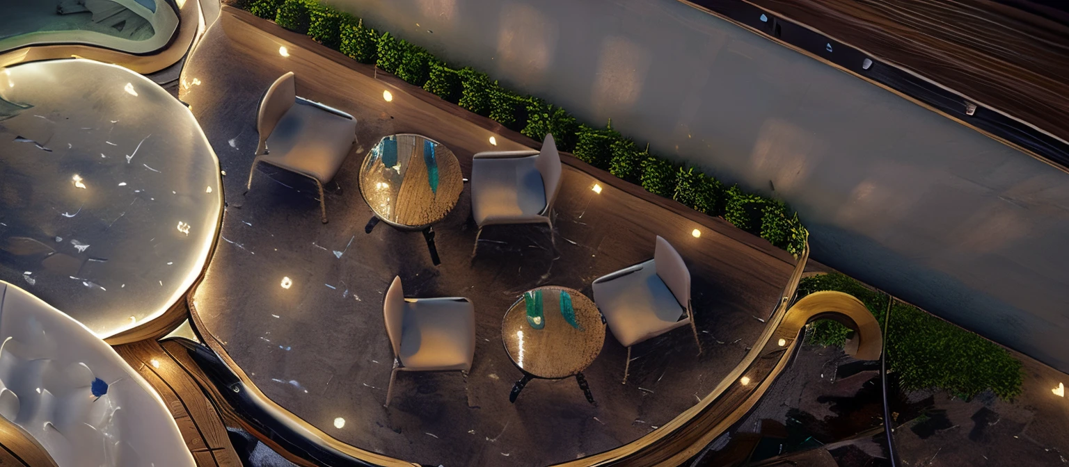there a rooftop cafe with tables and chairs, by senior environment artist, relaxing concept art, inspired by senior environment artist, beautiful 3 d concept art, environment art, 3 d stylize scene, cafe background, scenery concept art, realistic, rooftop coffee, flowers, plants, light art, water art, stream, wave, modern, mental chair, mental table, nice rendering