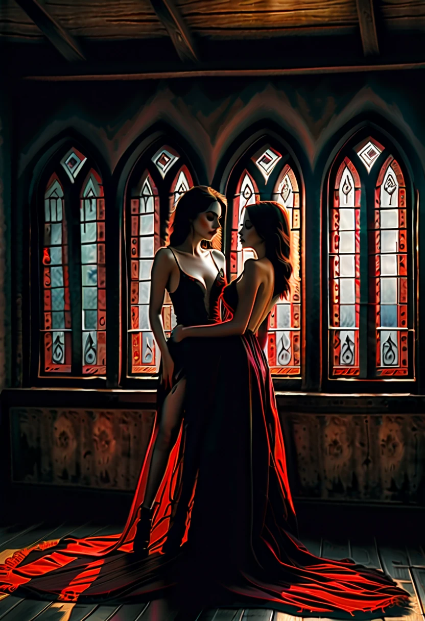 (best quality,ultra-detailed,realistic:1.37),oil painting,2girls,vampires,gothic mansion,dark atmosphere,blood red color palette,intense passion, expressions,seductive poses,pleasure and pain,dominance and submission,intimate connection,tangled limbs,moans and gasps,scratched wooden floor,broken antique furniture,misty moonlight pouring through stained glass windows,dramatic shadows,hauntingly beautiful,erotic artwork