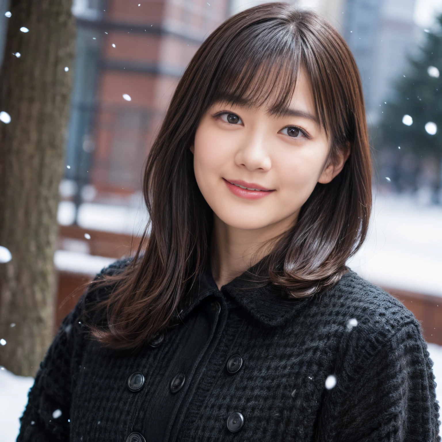 ((1womanl)), (((Black shorthair))), (masuter piece:1,3)、top-quality、masterpiece、high resolution、Original、highly detailed wallpaper、shorts、 (A slight smil)、a small face、((Full breasts))、(print wool shirt)、(Light on Face)、Live-action style, Beautiful facial features, in snowfall, (cowboy shot:1.3)
