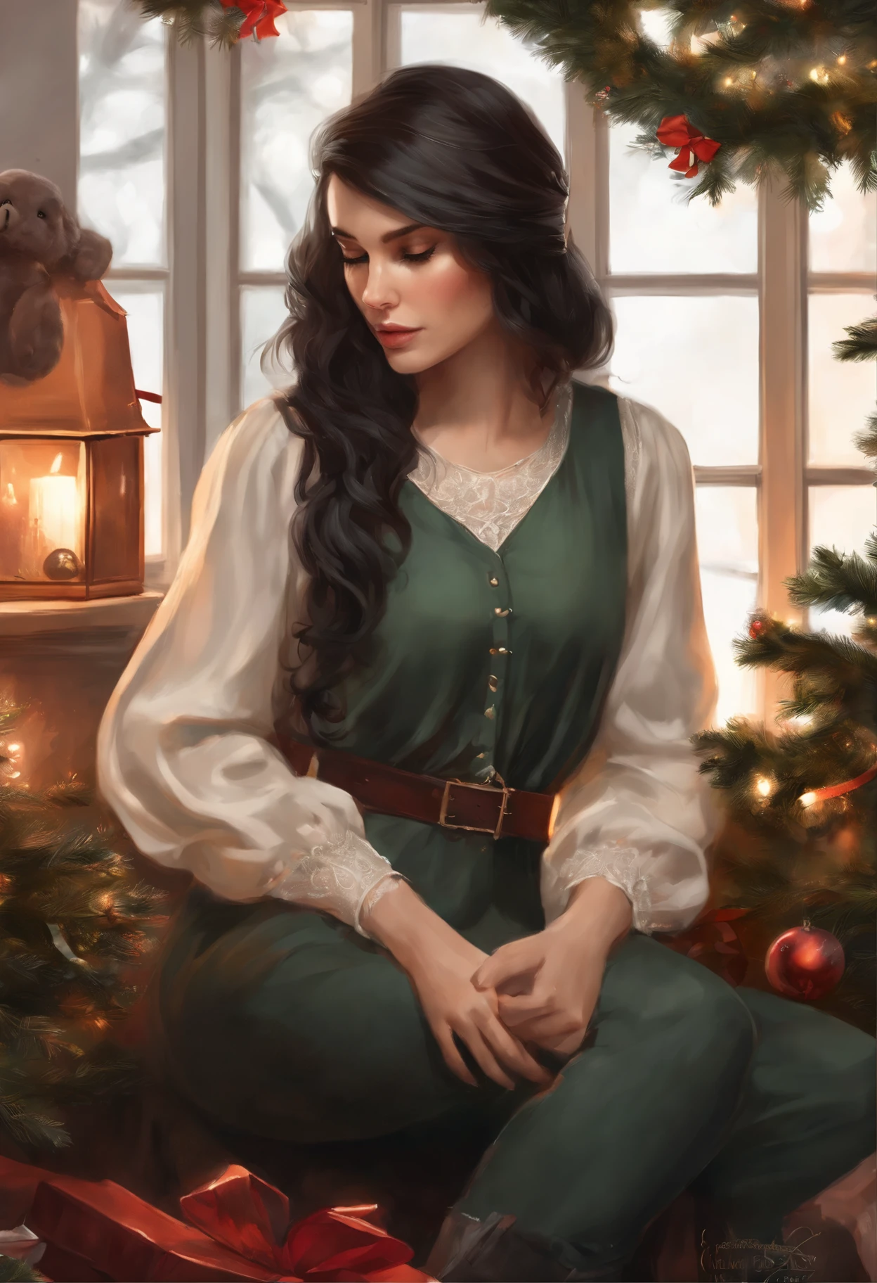 真实感, a painting, Fantastic tale, Christmas style, John Tolkien style, Small painting by Jean-Baptiste Monge , in the art style of bowater, 8K Artgerm Bokeh, realistic art style,Painting of a rocker girl, sitting in front of the Christmas tree, Portrait of a rocker girl, Soft facial features, Rocker Girl, sitting in a chair with flowing black hair , Straight hair , near the Christmas tree, Soft facial features, Wearing tight laces, Wear a sweatshirt, With light makeup, dark pink lips, lip shape"pearlescent" ,"curved eyebrows in the shape of Engriberts, Cyan eyes, heavy-lidded eye shape, Human Hand, Very clear without flaws with five fingers, Black long Straight hair, in a sweatshirt, in black leggings,mischievous character, fireplace, Christmas tree, Gifts, ,artwork in the style of guweiz, detailed character portrait, extremely detailed artgerm, artgerm and atey ghailan, charlie bowater art style, Jean-Baptiste Monge, anthropomorphic --ar 2:3 --testp -optimistic; straight hair