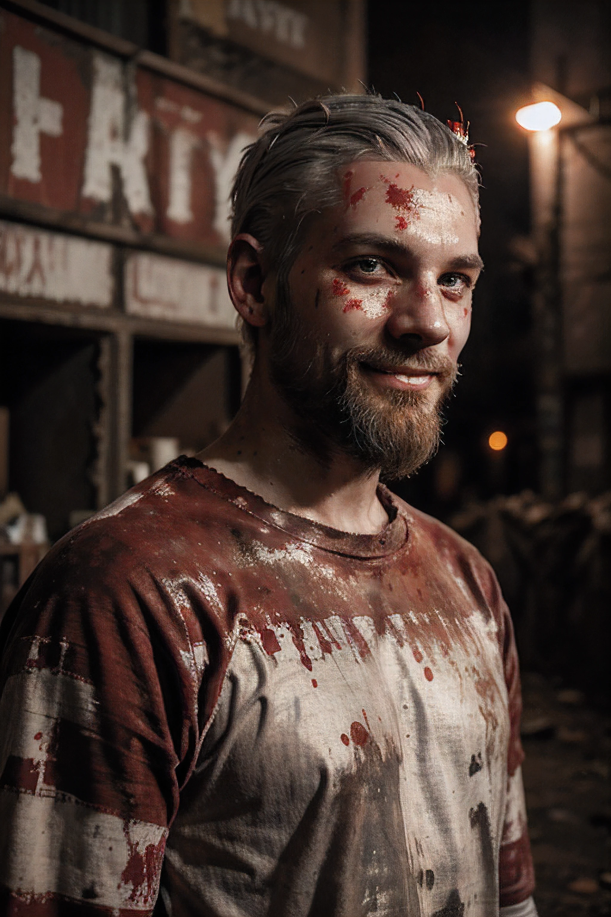 thin, pale man wide eyes nervous smile thin platinum hair and dirty beard with red paint on hair and face and beard light clothes very dirty with dry red paint stripped style grunge urban gothic background city at night