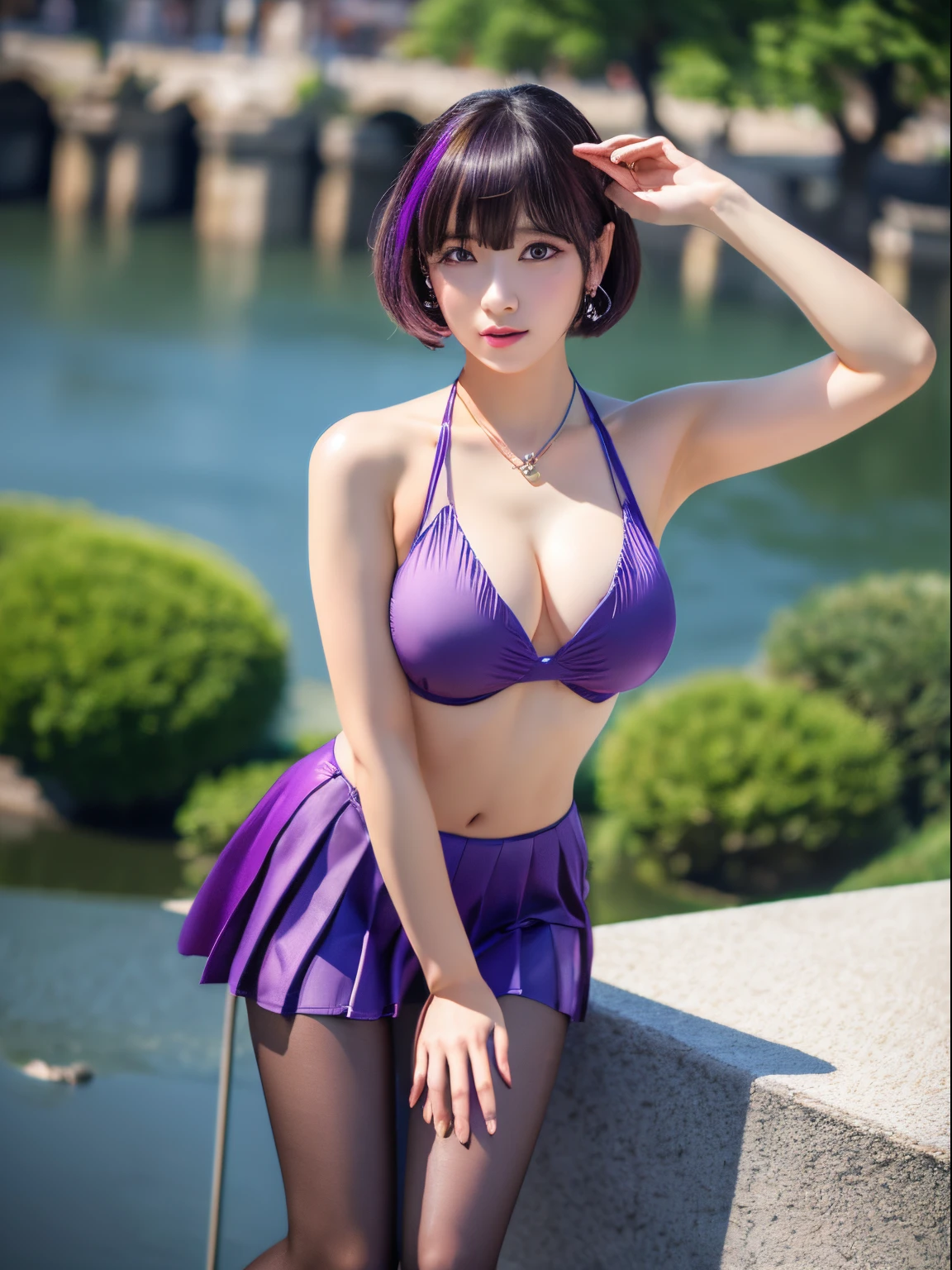 masutepiece, Best Quality,nffsw, 1girl in, Bangs, Bare_shoulders, Skirt、Jewelry, huge , pane, Purple_Eyes, purple shirt, Solo,viewer,beautiful bikini, (cloud,Waterside Renaissance City,Outdoors :1.1),rendered in blender((isometric)),