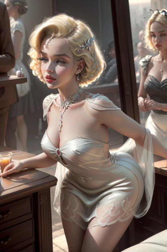 (Masterpiece - Ultra-Detailed, High Resolution) Prepare to be enchanted by a true masterpiece that combines ultra-detailed art with high-resolution rendering. This work shows a mesmerizing woman, with short, light blonde hair, 1950s style, Marilyn Monroe (1.3) and captivating brown eyes (1.2), pointed blinders style, wearing red lipstick, emanating an aura of elegance and mystery. Wearing classic 1950s clothing Intricate details and realistic textures invite you to explore every aspect of this enchanting composition. Close up, transparent white dress. New York City in the 1950s illustration. Get ready to immerse yourself in a world where beauty and craftsmanship merge perfectly.