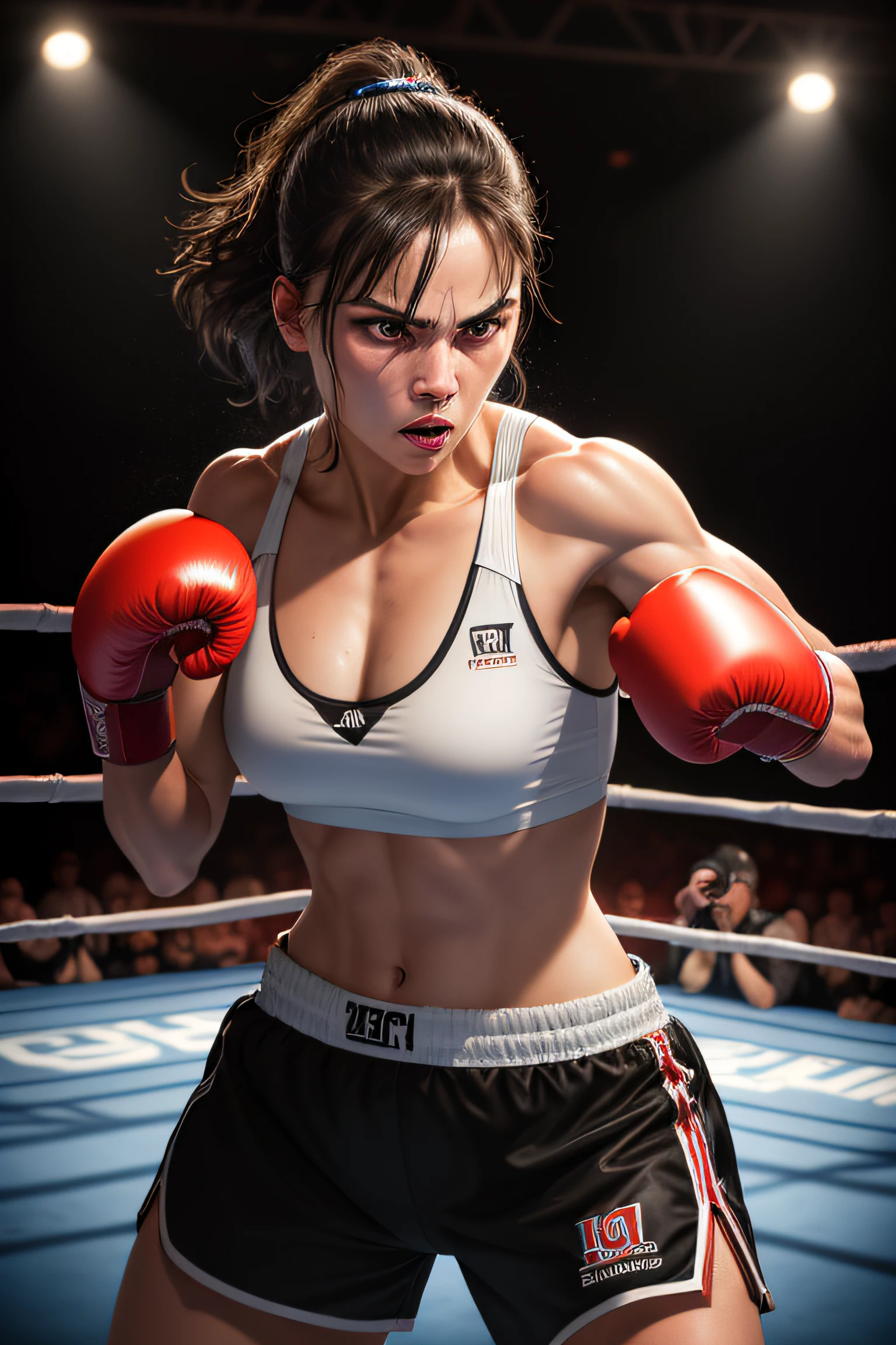 (best quality, ultra-detailed), (realistic:1.37), HDR, studio lighting, professional, vivid colors, intense atmosphere, dynamic pose, close-up view, black and white, dramatic lighting, 1 female, boxer in the ring, boxing gloves, fighting stance, hands seperated