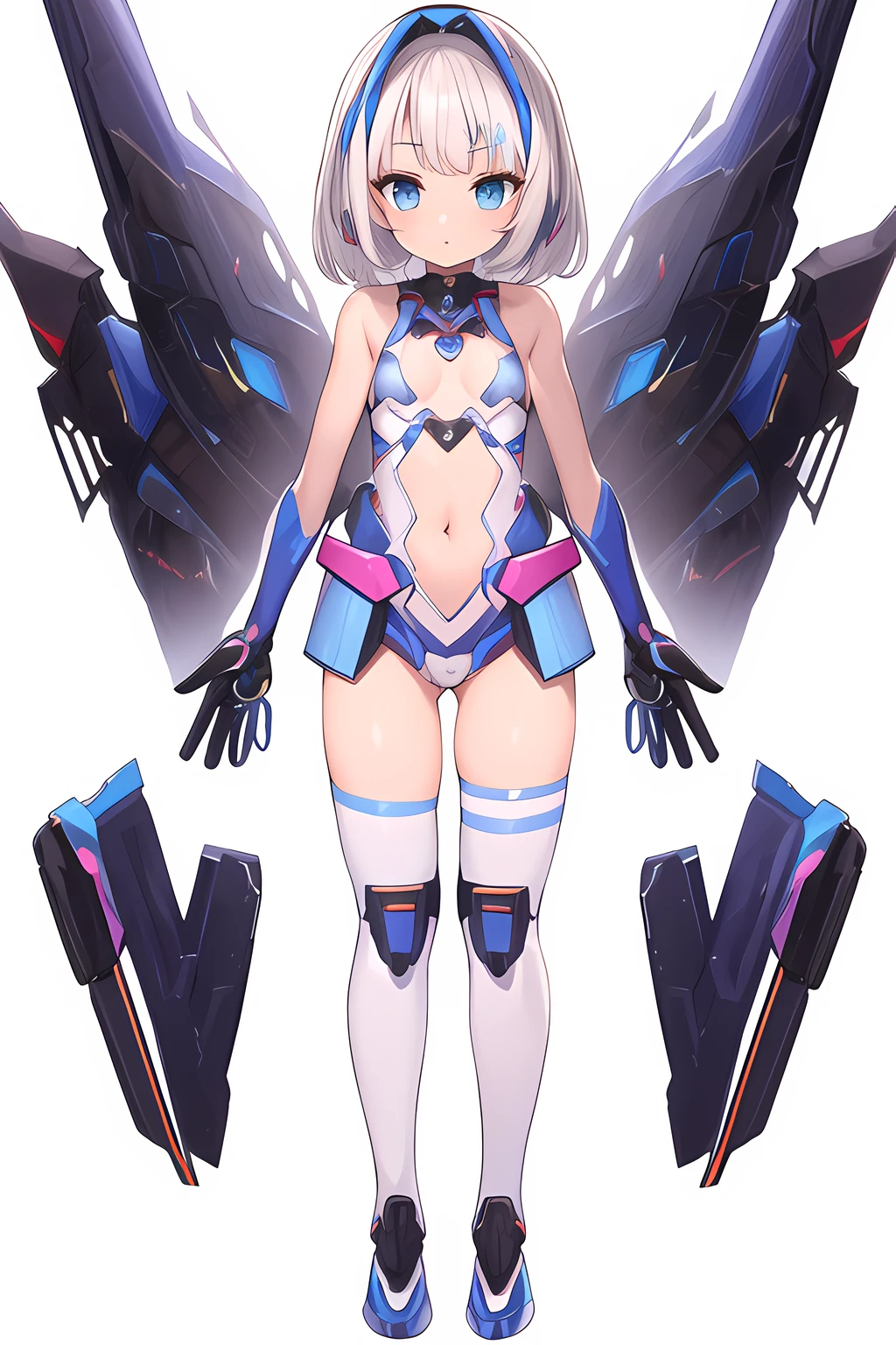 [(NO BACKGROUND:1.5),::5] (WHITE BACKGROUND:1.5), [(mecha musume:1.5)::,5] (tight armor:1.5), (:1.5), [(SYMETRICAL:1.5),::5] standing, (default pose:1.5), (1girl:1.5), solo, (loli), full body, small breasts, short hair, looking at viewer, (open coat, robe, blue robe, modern, contemporary, futuristic:1.4), solo, full body, masterpiece, solo, beautiful, detailed eyes, detailed face, (white clothes:1.2), (blue stripes:1.3), (white hair:1.4), (cyberse:1.4), (loli:1.3bsurdres, ultra-detailed, masterpiece, highres, 4k, high quality, digital art, sparkling eyes, (thigh:1.3), (small breasts:1.4), short hair, (bare arms, bare hands:1.4), (navel cutout:1.3), navel