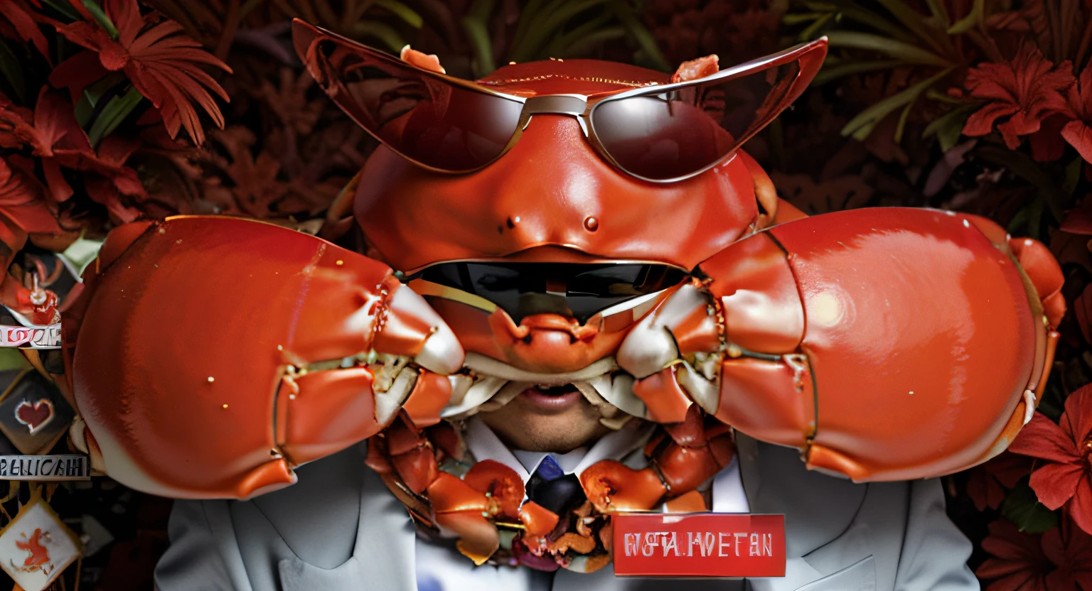 One wears sunglasses、dressed in a suit、Red crab with a Hawaiian lei around its neck