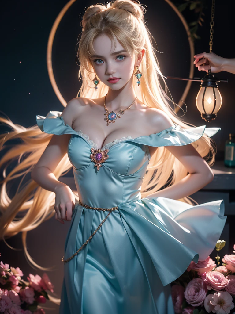 tmasterpiece，Highest image quality，super detailing，Best quality at best ,Extremely Delicately Beautiful, Very meticulous,Best quality at best, offcial art, extremely detaild的 CG unified 8k wallpapers, Ana de Armas portrait photo, blond hair blue eyes，Glowing skin and radiant eyes:1.1), pretty skin, lamplight, (Detailed lighting:1.2), (Beautiful and detailed light:1.3), Beautiful maid outfit, deep understanding, The beautiful, iintricate, digitial painting, smooth private parts, Focus sharp, The end of the world, Epic reality, (HighDynamicRange:1.4), captivating curves，(pastel colour:1.4), Bigchest，apocalyptic, giving up, com cores neutras, natta, Screen space refraction, (Complicated details, ultra - detailed:1.3), art  stations, Cinema lenses, vignet, the complex background, buliding，Enchanted smile，Detailed moon background，Dream catcher earrings in various colors，white colors，in pink，purpleish color，red colour，blue colors，orange colors，green color，cyan colors，），No shoulder strap，