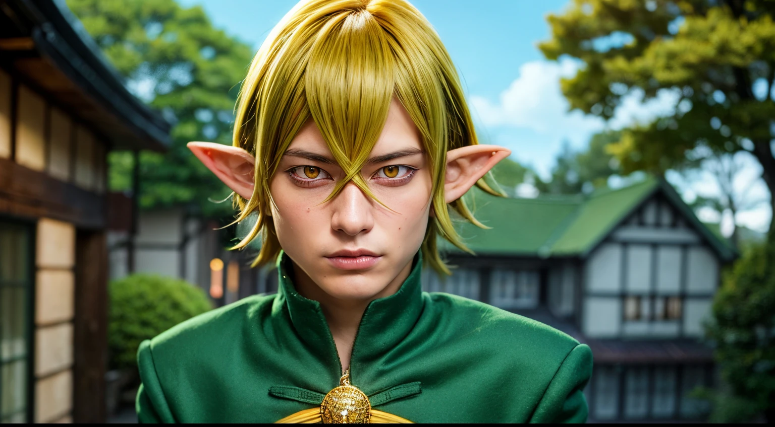 masterpiece, best quality, high quality, 1boy, solo, male focus, looking at viewer, upper body, depth of field, helbram_nanatsu_no_taizai, green hair, pointy ears, yellow eyes, , coat